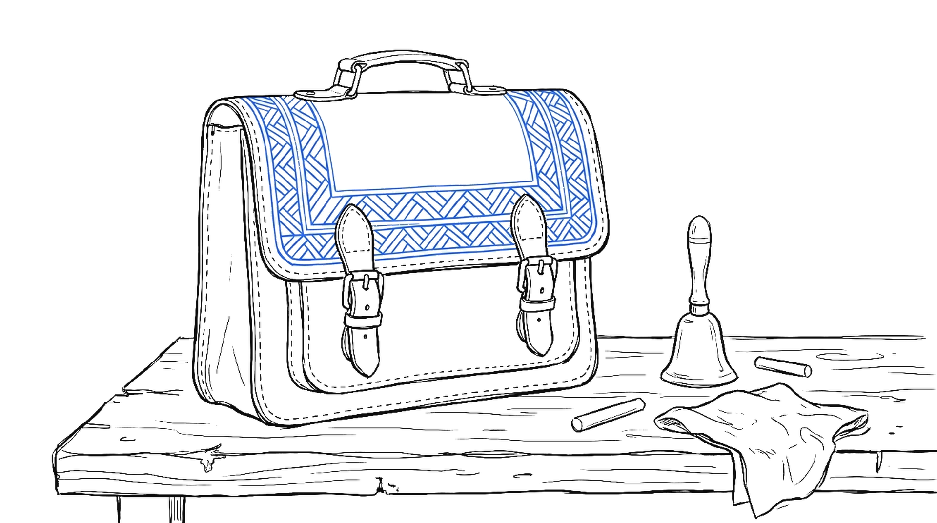 Illustration einer Schultasche auf einem Holzpult mit Handglocke und Kreide, kinewsletter.ch Stil