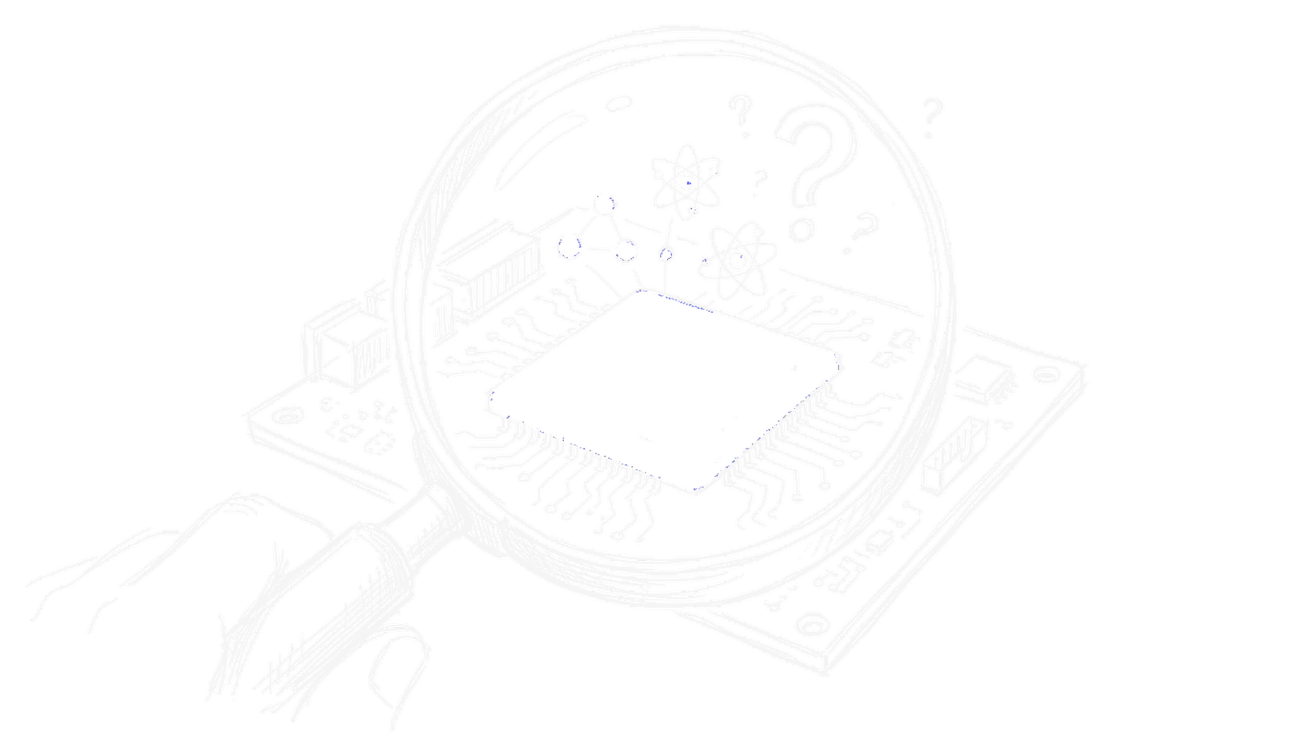 Skizze eines Mikrochips auf einer Platine unter einer grossen Lupe mit elektroblauem Akzent, darueber kleine Atome, Qubit-Punkte und Fragezeichen (Dark)