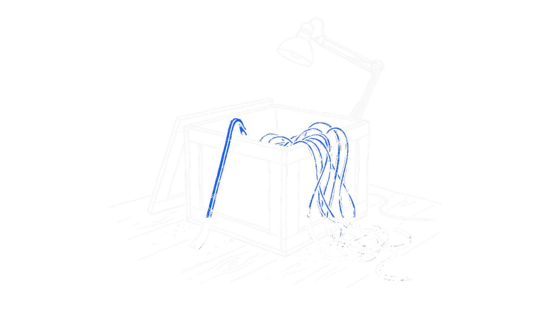 Illustration einer aufgebrochenen Holzkiste auf einem Werkstattboden, aus der ein elektroblaues Kabel quillt, daneben ein elektroblaues Brecheisen, kinewsletter.ch Stil