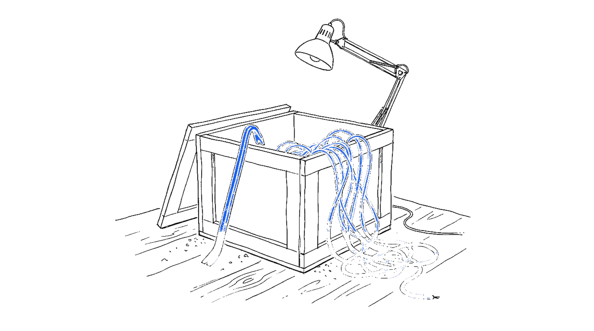 Illustration einer aufgebrochenen Holzkiste auf einem Werkstattboden, aus der ein elektroblaues Kabel quillt, daneben ein elektroblaues Brecheisen, kinewsletter.ch Stil
