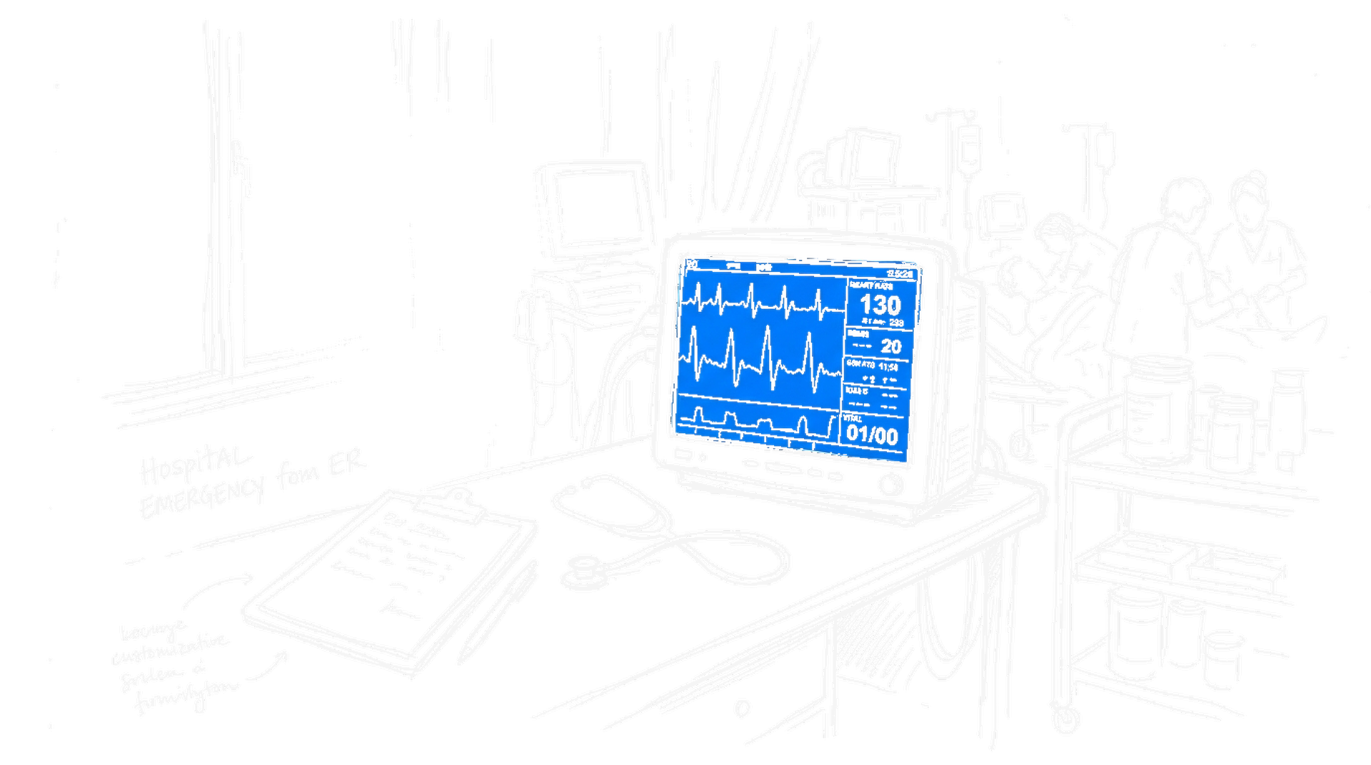 Skizze einer Notaufnahme mit Stethoskop und Klemmbrett auf einem Tisch, ein elektroblau leuchtender Herzfrequenz-Monitor (Dark)