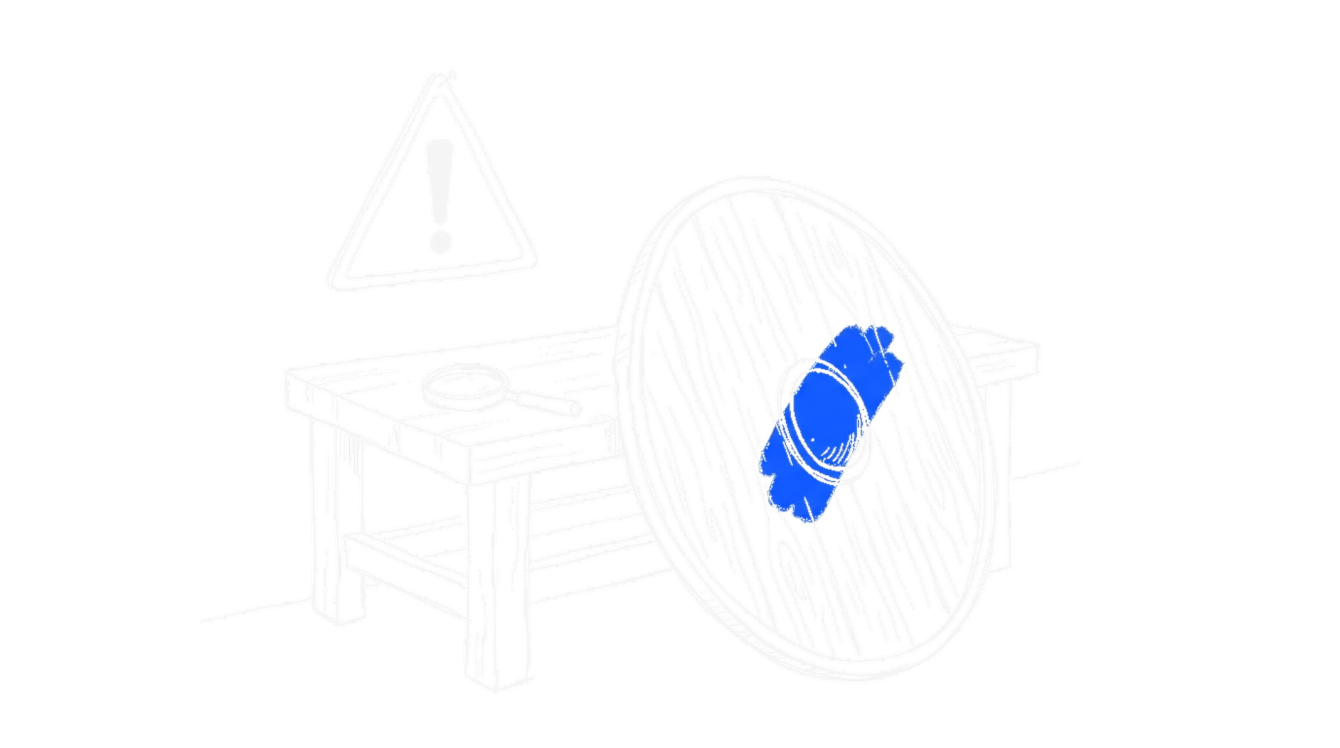 Illustration eines elektroblauen Rundschilds an einer Werkbank, darüber ein Warnschild mit Ausrufezeichen, daneben eine Lupe, kinewsletter.ch Stil