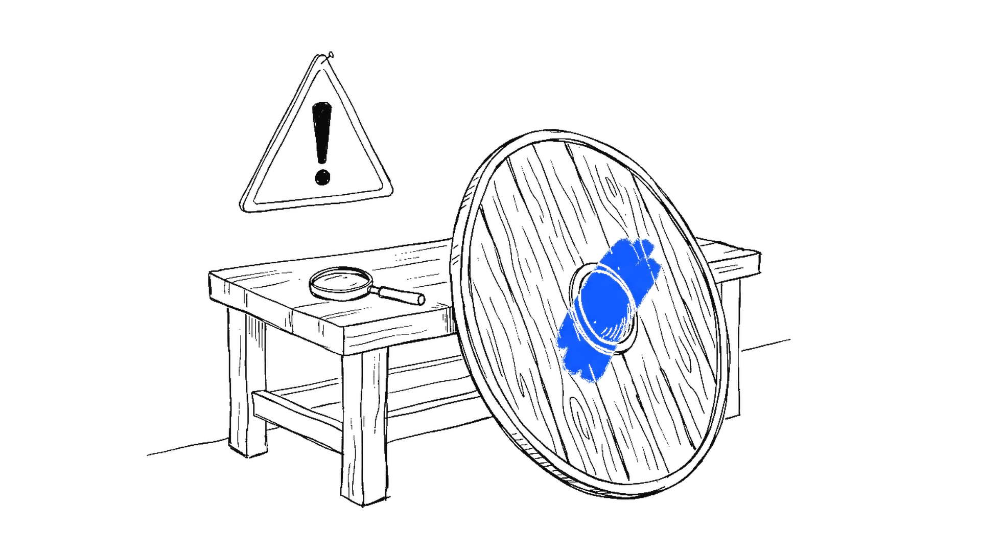 Illustration eines elektroblauen Rundschilds an einer Werkbank, darüber ein Warnschild mit Ausrufezeichen, daneben eine Lupe, kinewsletter.ch Stil