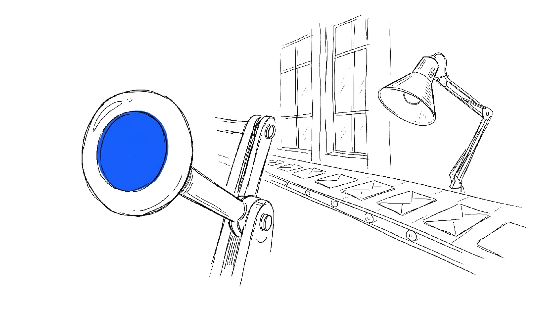 Illustration eines Förderbands mit unbeschrifteten Umschlägen unter einer unbesetzten Prüflampe, kinewsletter.ch Stil
