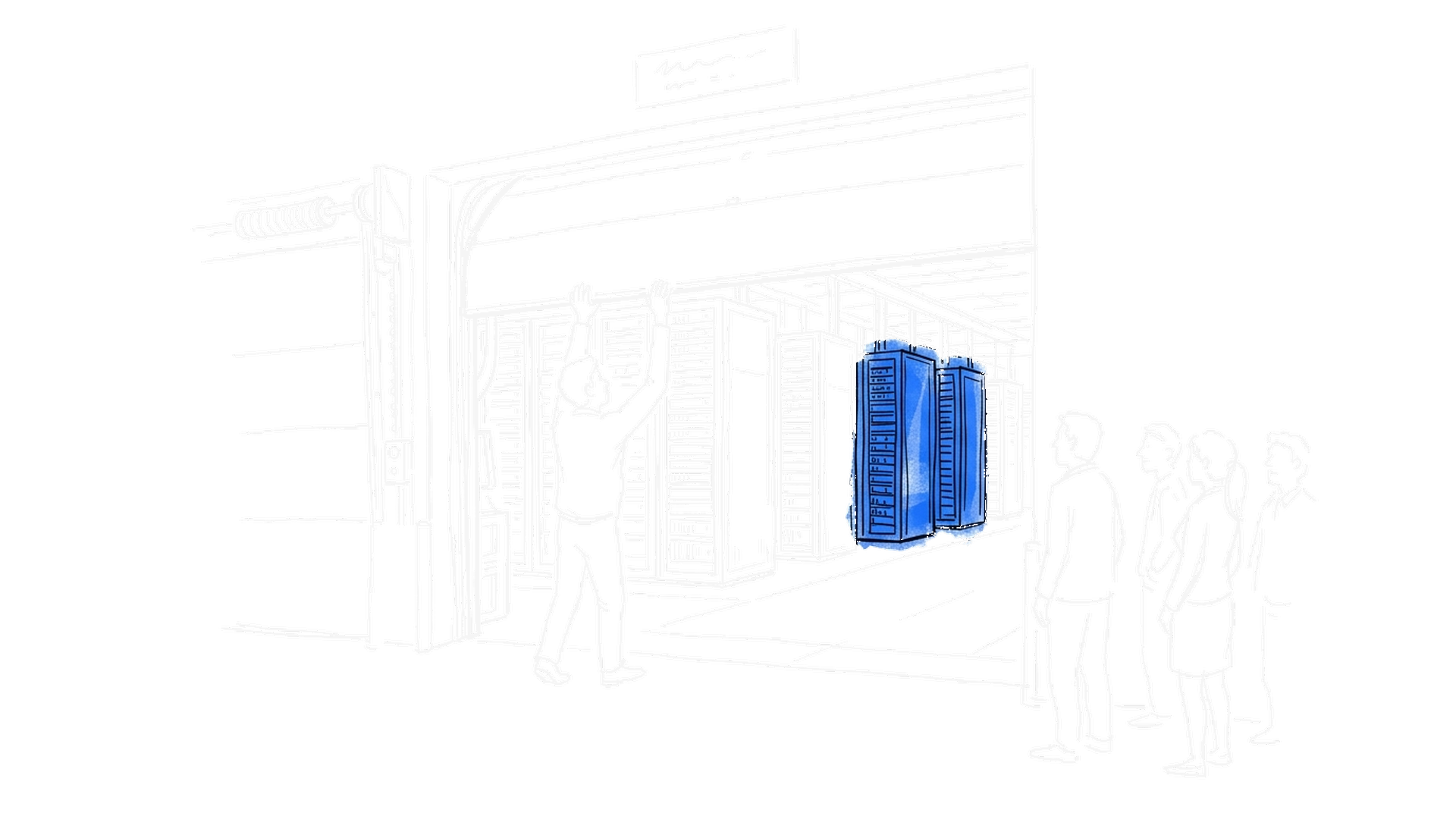 Illustration Dark: Person öffnet ein Lagertor voller Serverschränke – kinewsletter.ch Stil