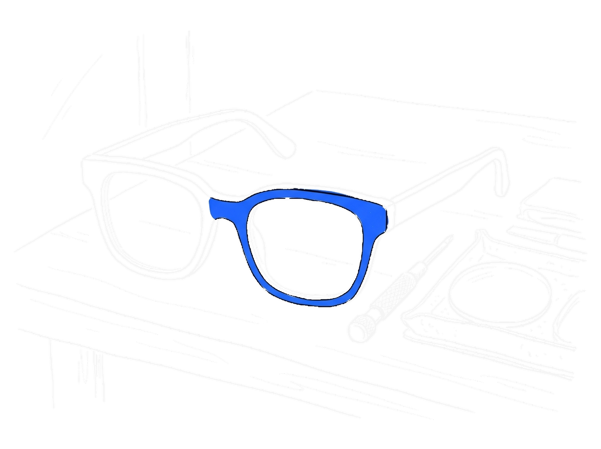 Illustration einer Brillenfassung ohne Kameraoptik auf einer Werkbank mit Optiker-Werkzeug, kinewsletter.ch Stil