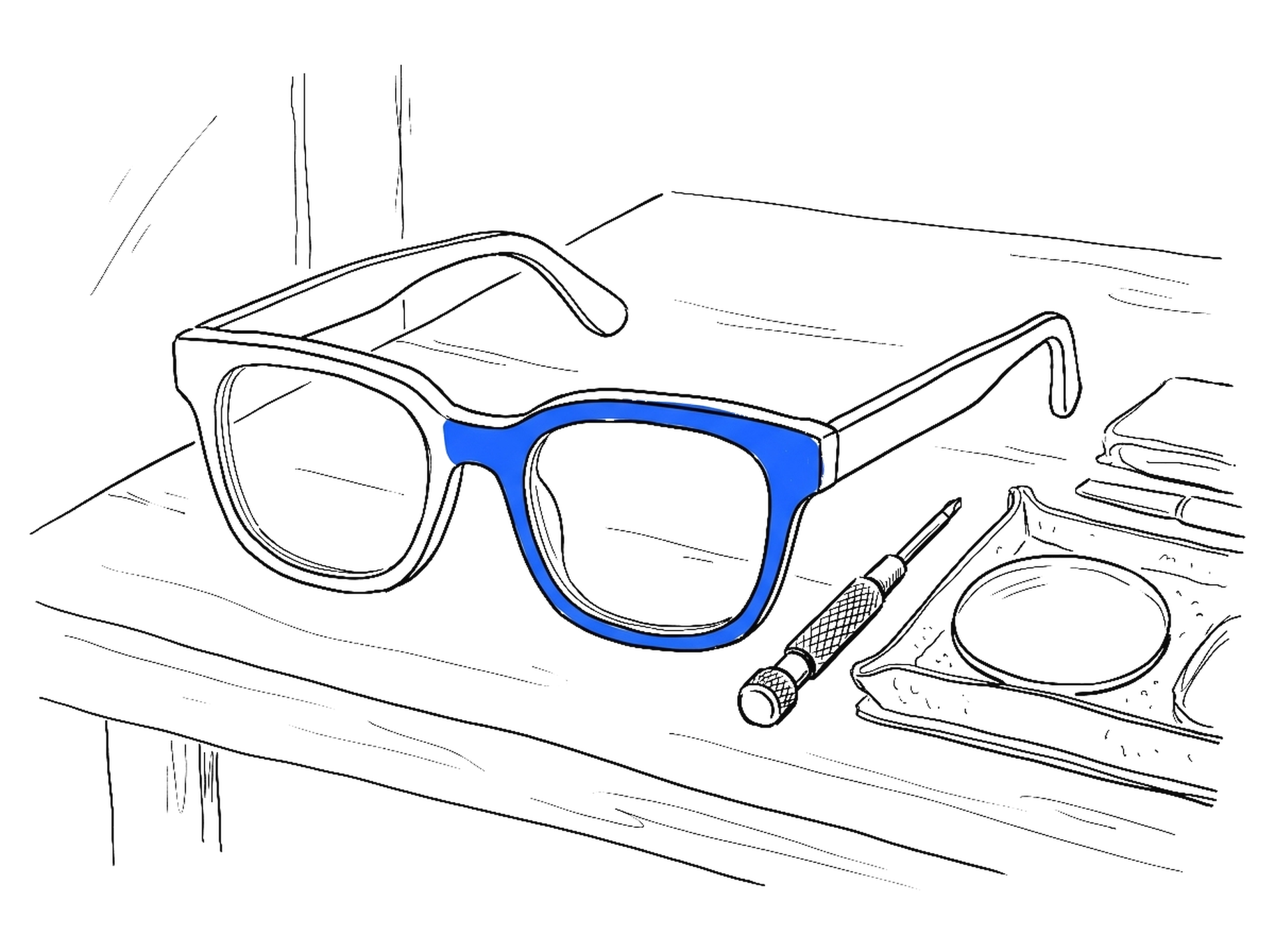 Illustration einer Brillenfassung ohne Kameraoptik auf einer Werkbank mit Optiker-Werkzeug, kinewsletter.ch Stil