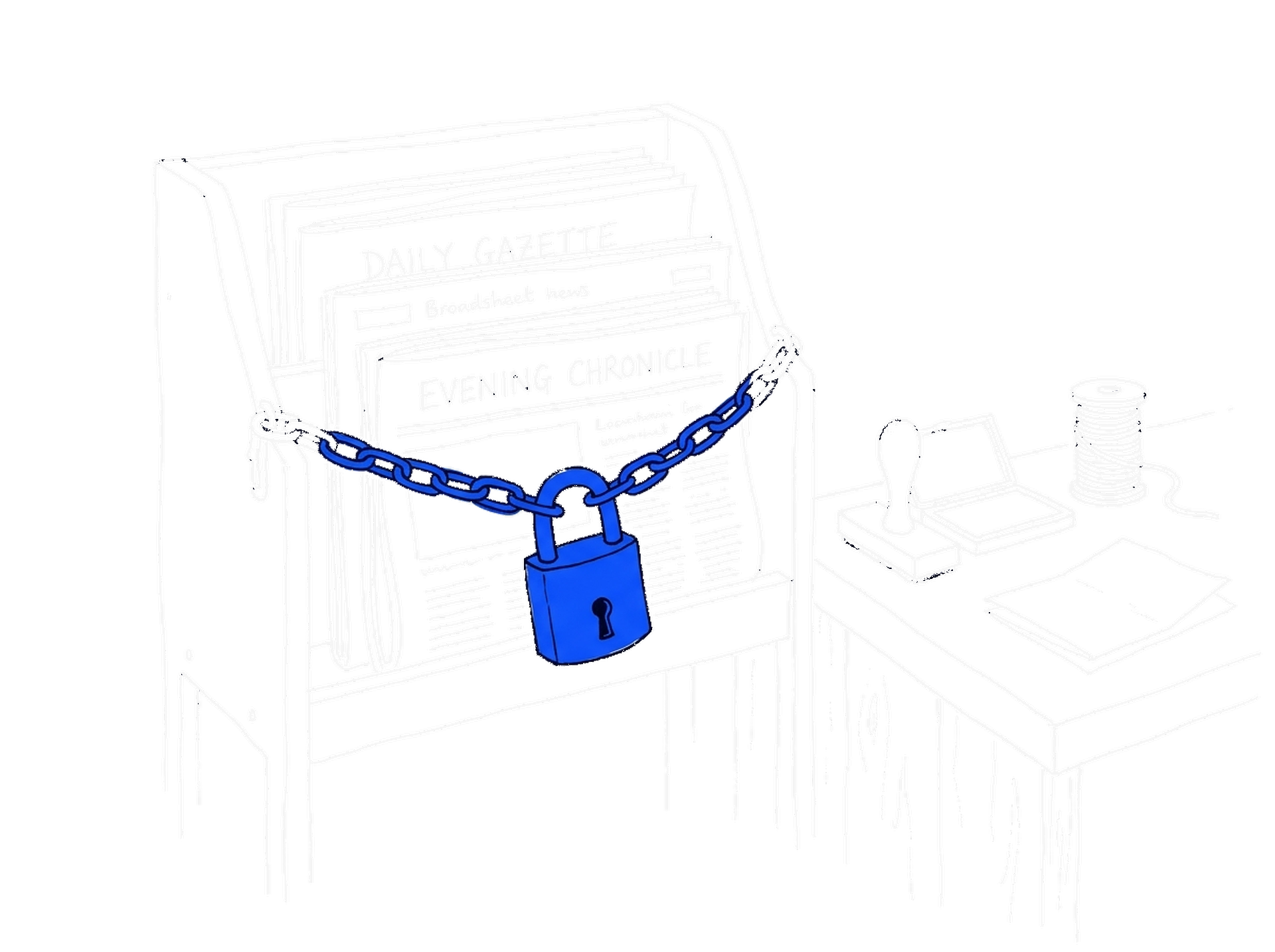 Handgezeichnete Skizze eines Zeitungsständers mit Zeitungen, einem Stempel und einer Schnurspule; das grosse Vorhängeschloss mit Kette leuchtet in Blau