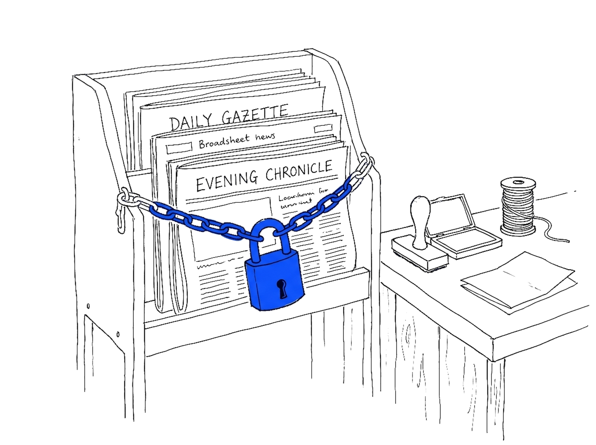 Handgezeichnete Skizze eines Zeitungsständers mit Zeitungen, einem Stempel und einer Schnurspule; das grosse Vorhängeschloss mit Kette leuchtet in Blau
