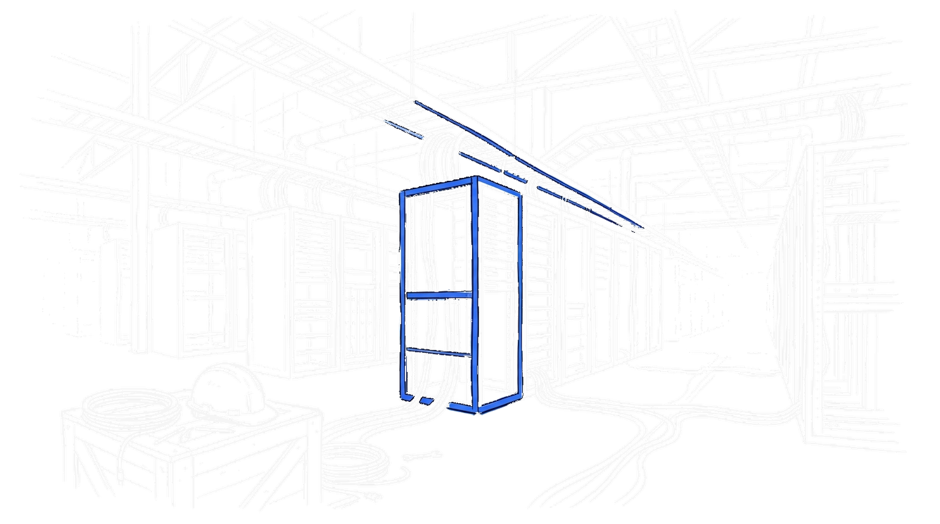 Handgezeichnete Skizze einer Rechenzentrums-Serverhalle im Bau mit Serverschraenken, Kabeln und Kuehlrohren, ein Rack blau hervorgehoben, Bauhelm auf einer Kiste (Dark)