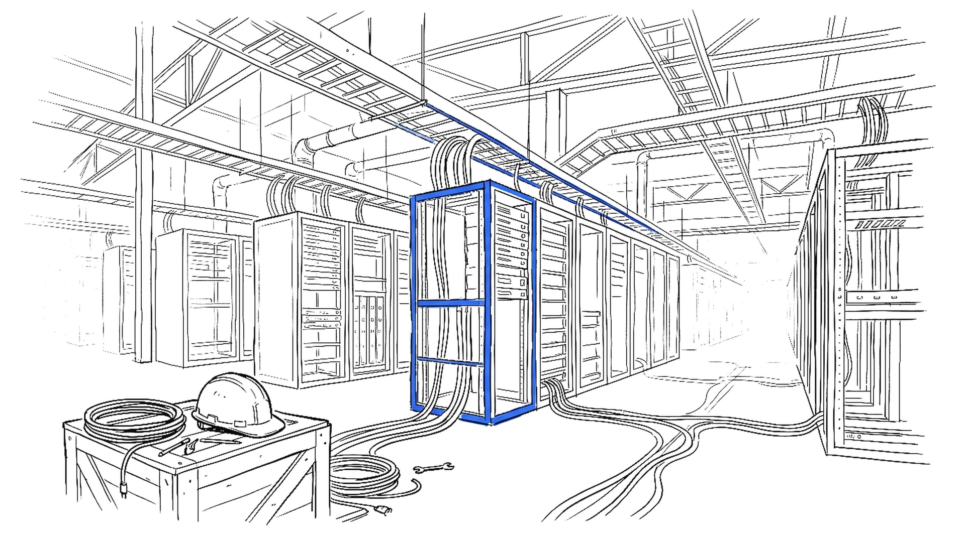 Handgezeichnete Skizze einer Rechenzentrums-Serverhalle im Bau mit Serverschränken, Kabeln und Kühlrohren, ein Rack blau hervorgehoben, Bauhelm auf einer Kiste.