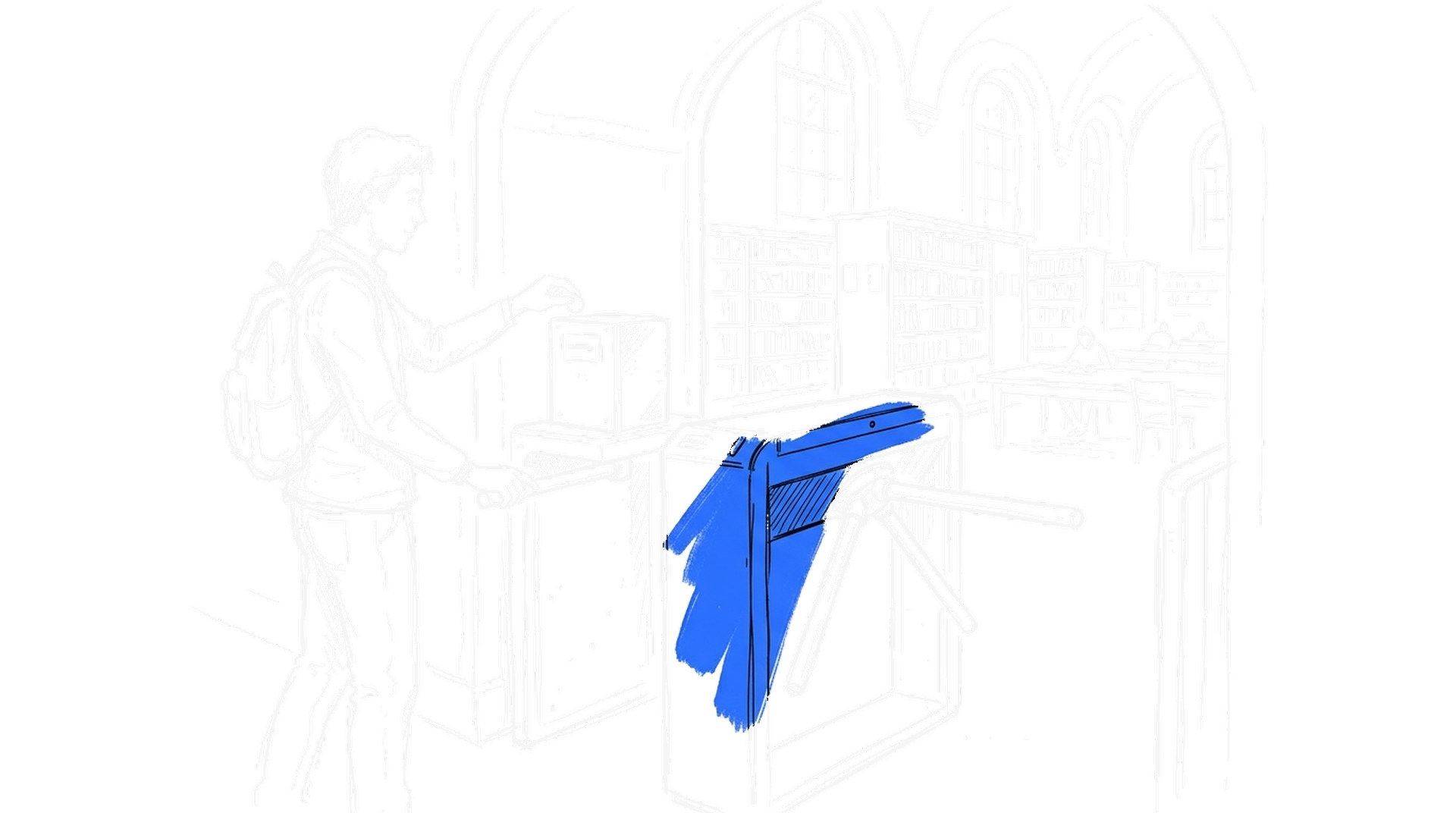 Handgezeichnete Skizze: eine Person wirft eine Muenze in einen Automaten neben einem Drehkreuz, das den Eingang zu einer grossen Bibliothek versperrt, mit elektroblauem Akzent (Dark Mode)