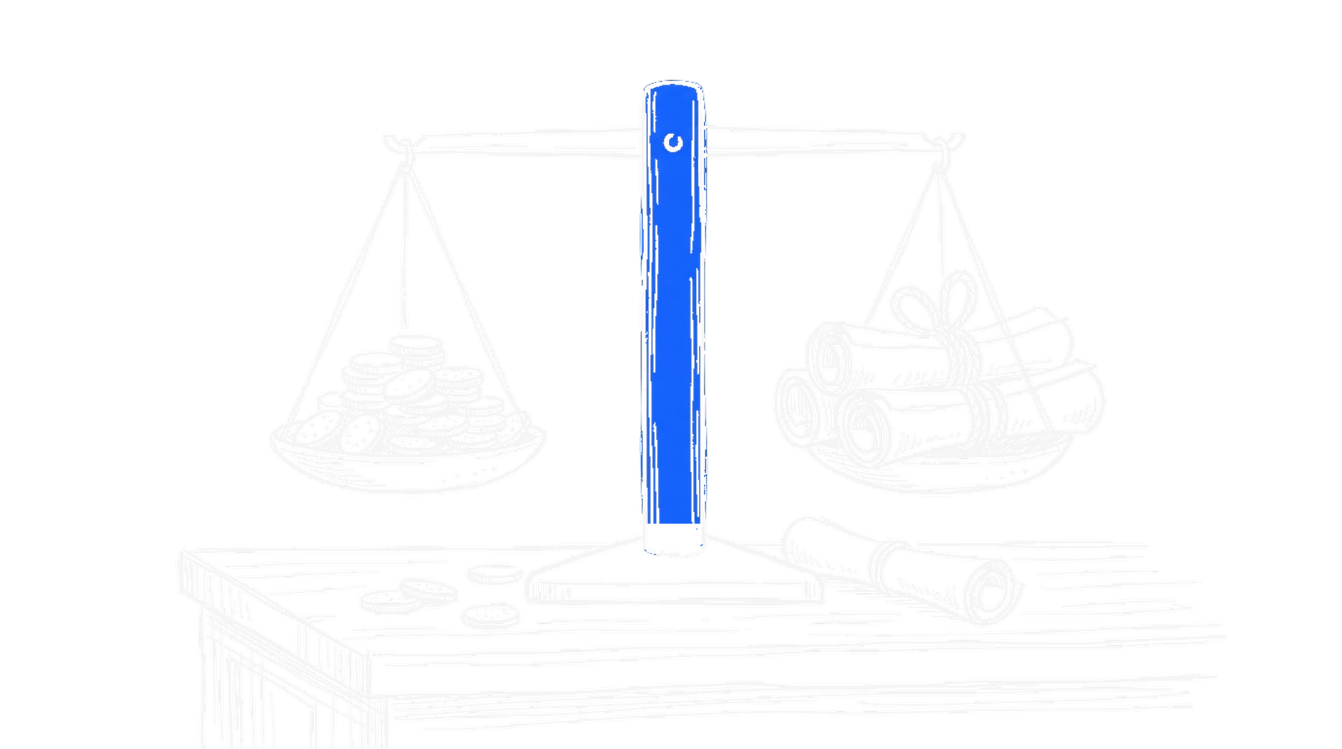 Illustration einer Balkenwaage mit elektroblauem Ständer, auf der einen Schale Münzen, auf der anderen gerollte Dokumente, kinewsletter.ch Stil
