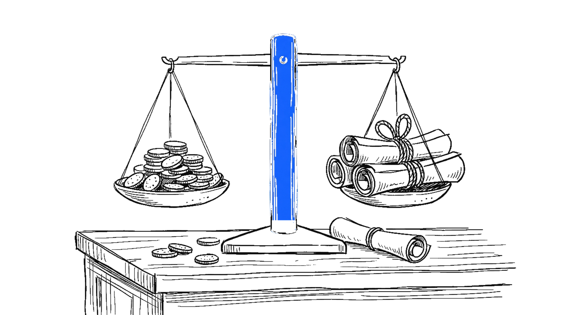 Illustration einer Balkenwaage mit elektroblauem Ständer, auf der einen Schale Münzen, auf der anderen gerollte Dokumente, kinewsletter.ch Stil