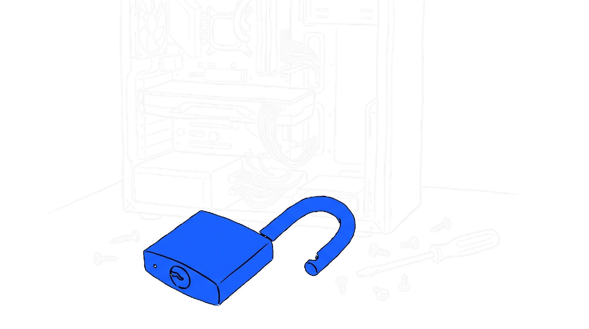 Illustration eines offenen Vorhängeschlosses vor einem offenen PC-Gehäuse mit Grafikkarte, kinewsletter.ch Stil