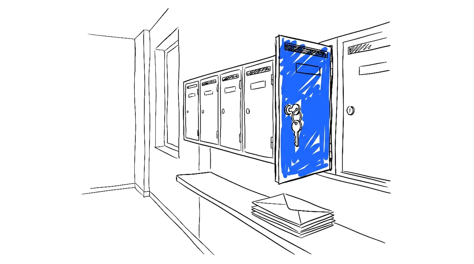 Illustration einer Briefkastenreihe mit offener Klappe und Schlüssel, kinewsletter.ch Stil