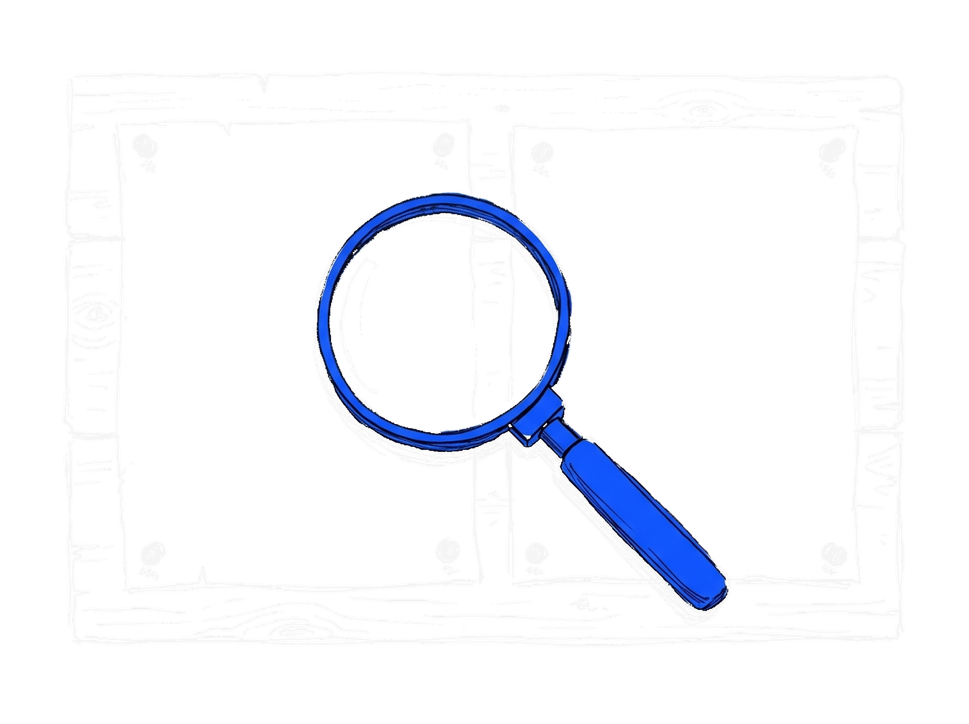 Illustration von zwei identischen Papierbögen an einer Holzwand mit blauer Lupe darüber, kinewsletter.ch Stil