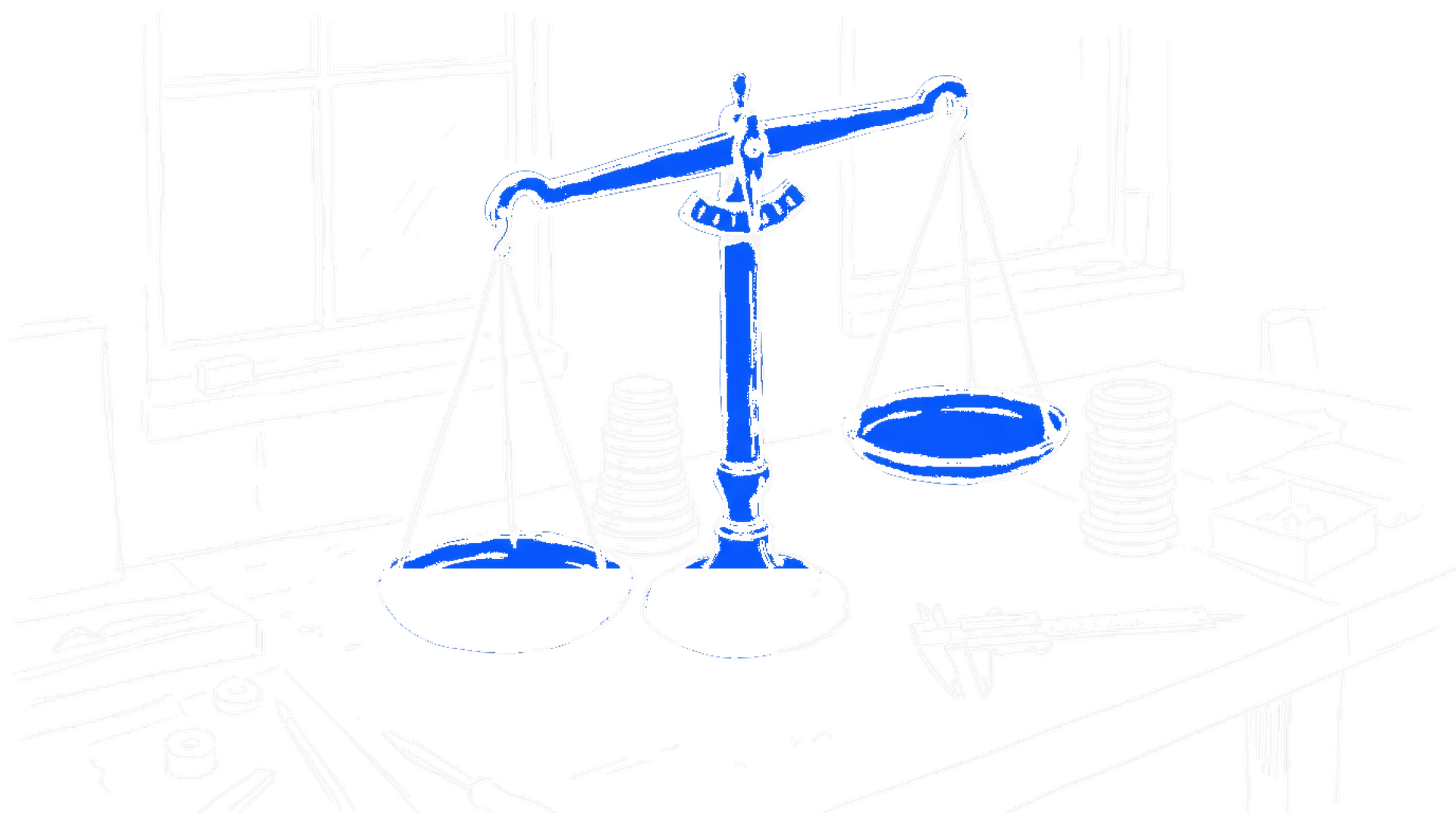 Illustration einer Werkstattwaage mit Gewichtsscheiben, Messschieber und Notizzettel auf einer Werkbank, kinewsletter.ch Stil