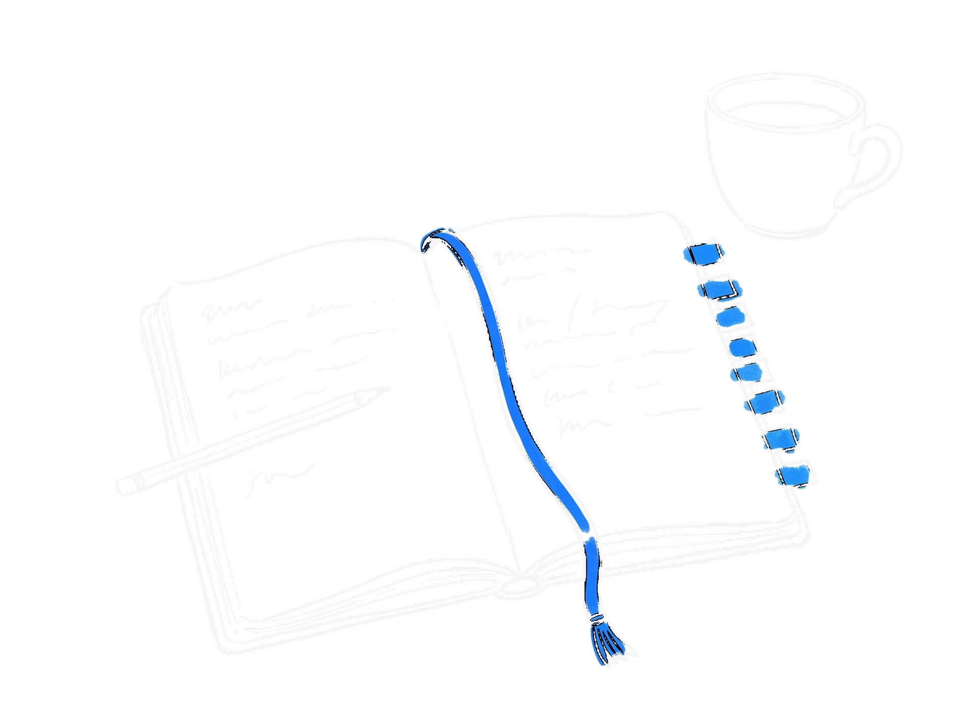 Handgezeichnete Skizze eines aufgeschlagenen Notizbuchs mit blauem Lesezeichenband, blauen Haftnotizen am Rand, Bleistift und Kaffeetasse