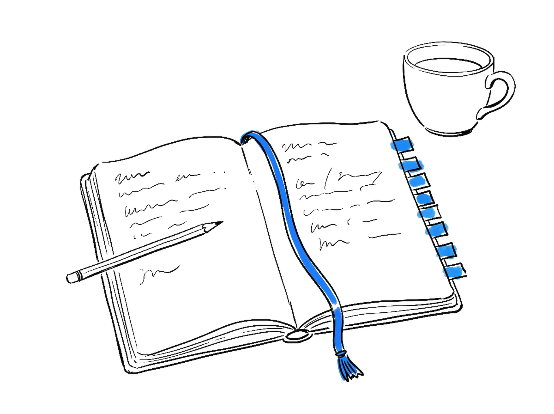 Handgezeichnete Skizze eines aufgeschlagenen Notizbuchs mit blauem Lesezeichenband, blauen Haftnotizen am Rand, Bleistift und Kaffeetasse