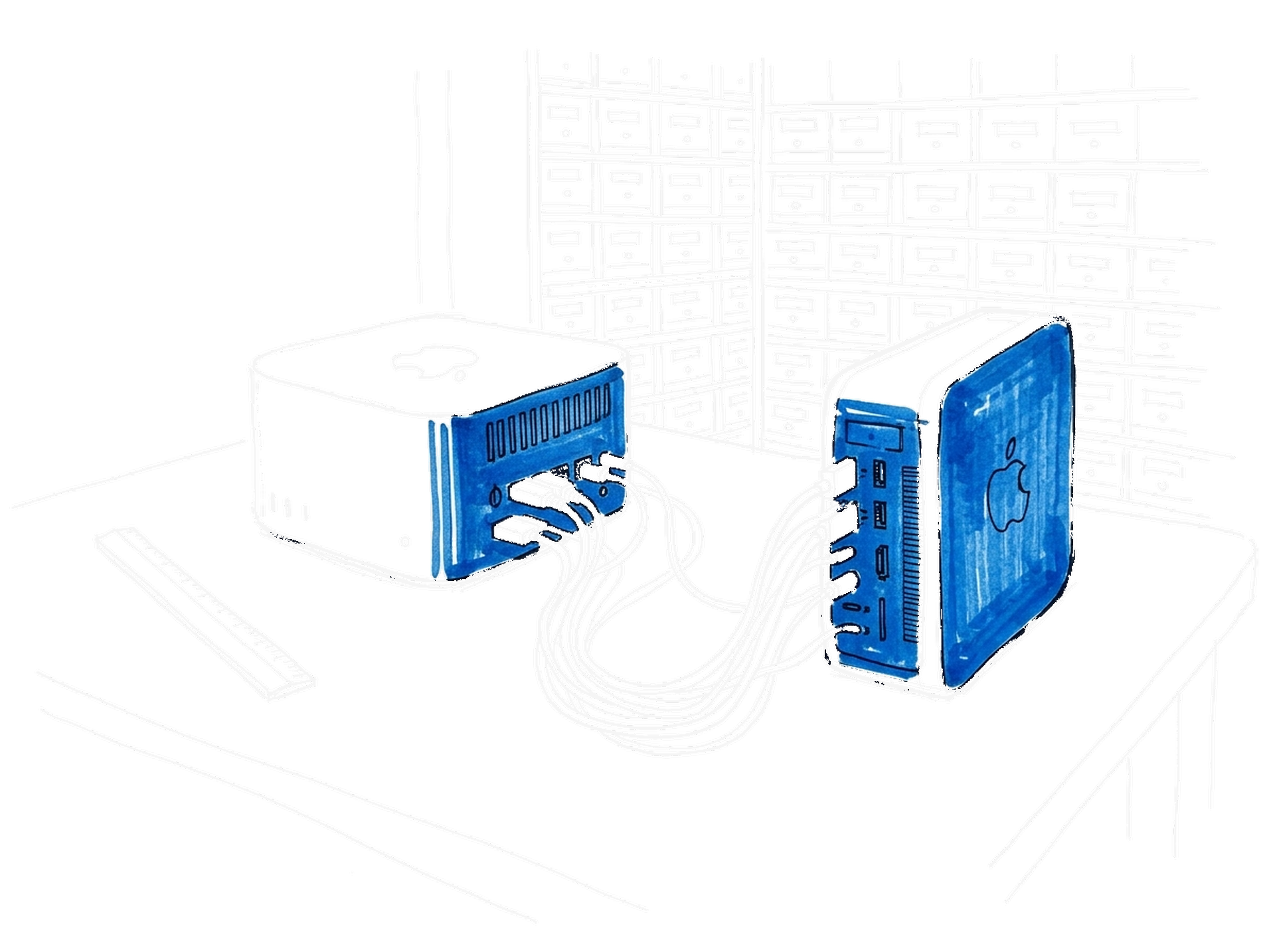 Handgezeichnete Skizze zweier per Kabelbündel verbundener kompakter Computer vor einem riesigen Schubladenschrank, ein Computer leuchtend blau