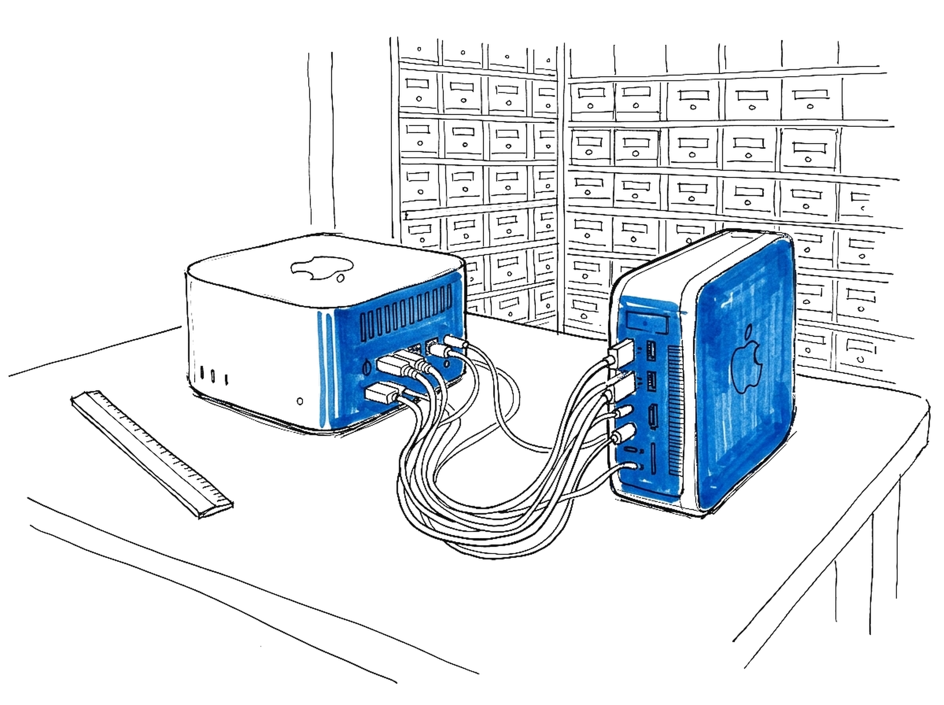Handgezeichnete Skizze zweier per Kabelbündel verbundener kompakter Computer vor einem riesigen Schubladenschrank, ein Computer leuchtend blau