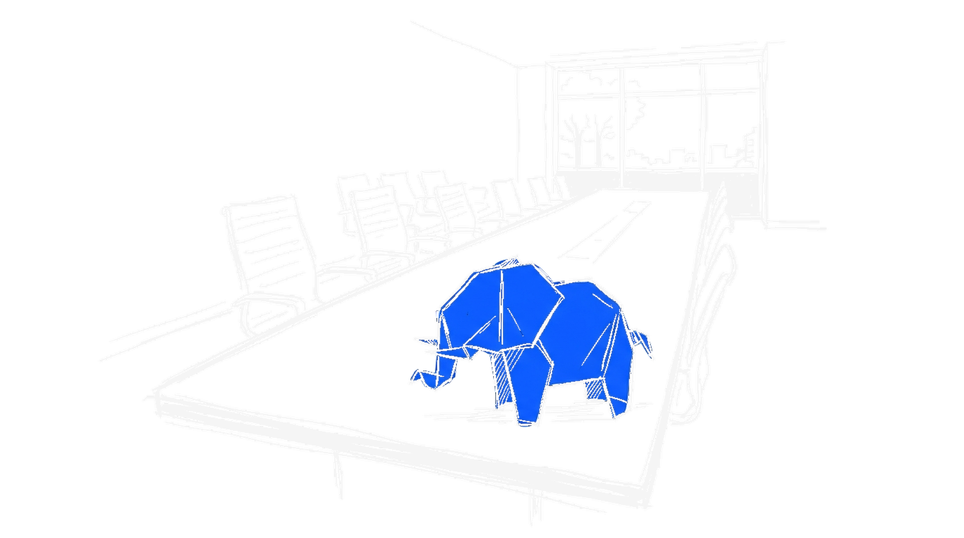 Illustration eines blauen Origami-Elefanten auf einem leeren Konferenztisch, kinewsletter.ch Stil