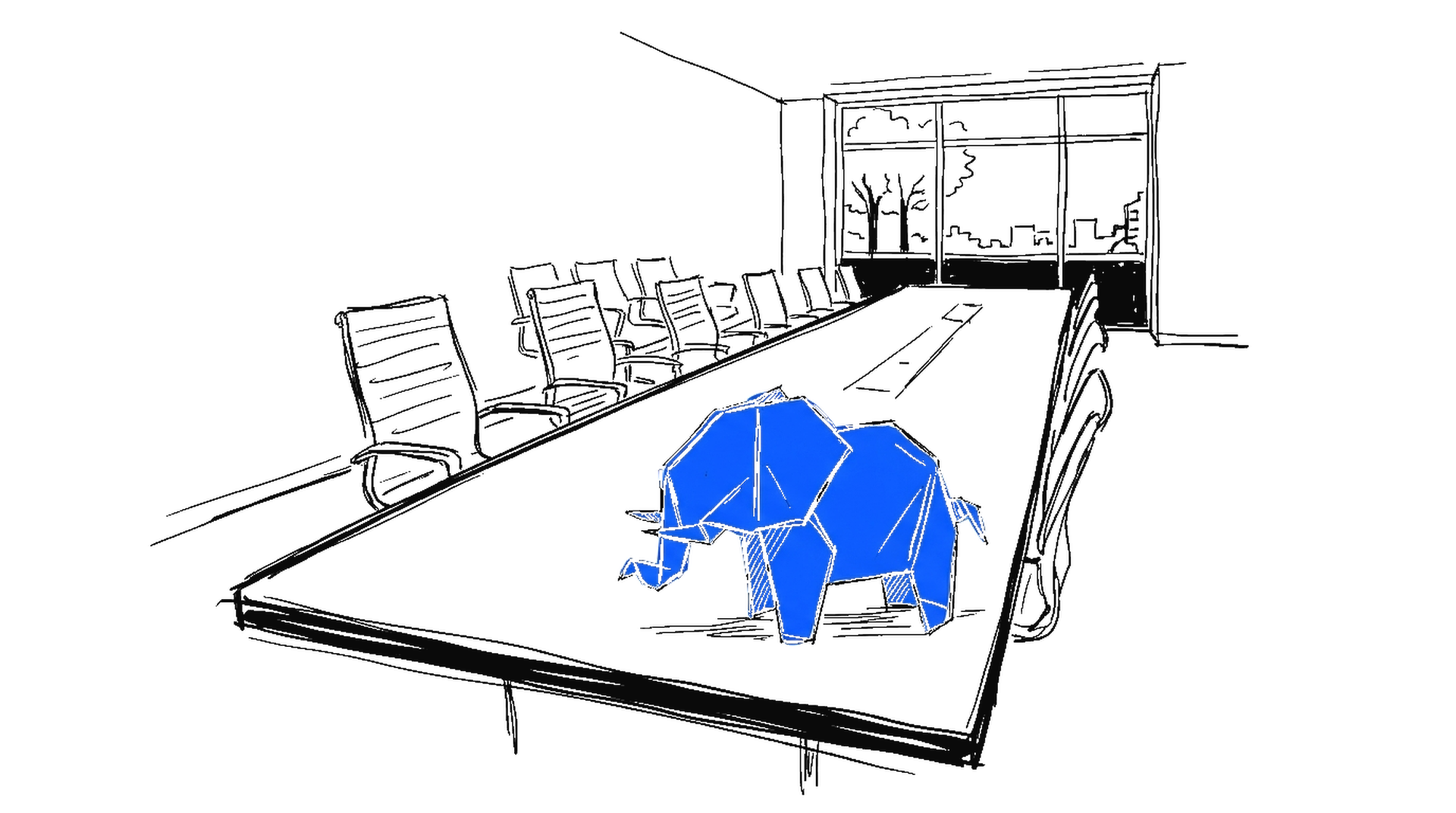 Illustration eines blauen Origami-Elefanten auf einem leeren Konferenztisch, kinewsletter.ch Stil