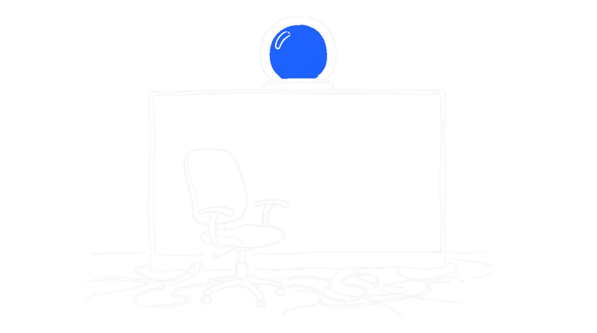 Illustration eines leeren Bürostuhls mit blauer Warnlampe und wirren Kabeln, kinewsletter.ch Stil