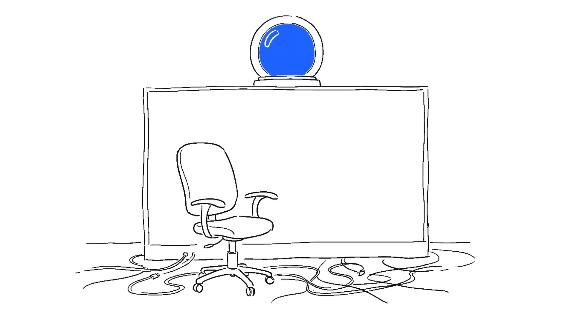 Illustration eines leeren Bürostuhls mit blauer Warnlampe und wirren Kabeln, kinewsletter.ch Stil
