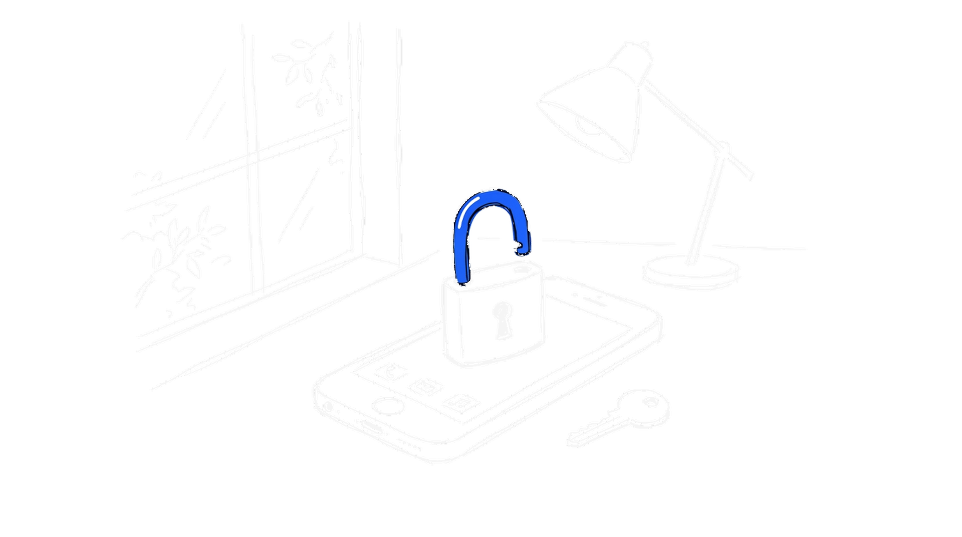 Handgezeichnete Skizze eines offenen Vorhängeschlosses auf einem Smartphone mit Schlüssel und elektroblauem Akzent