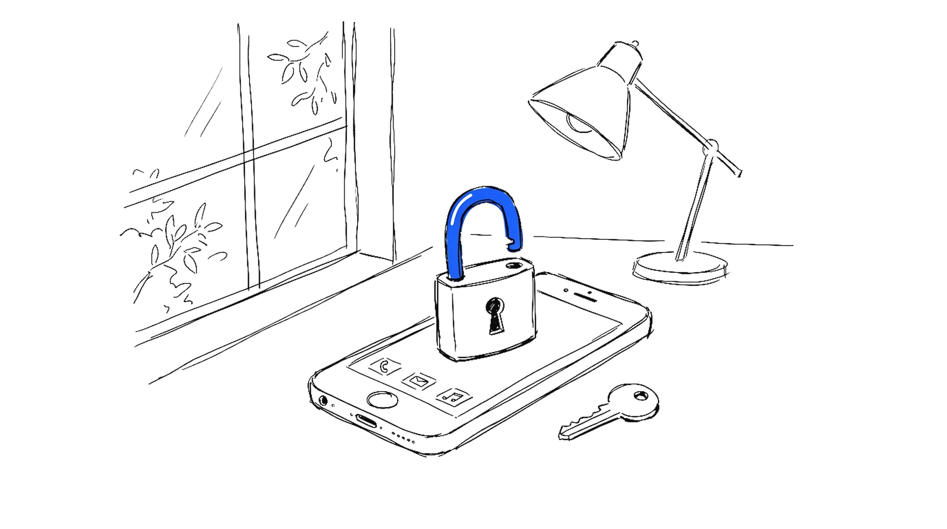 Handgezeichnete Skizze eines offenen Vorhängeschlosses auf einem Smartphone mit Schlüssel und elektroblauem Akzent