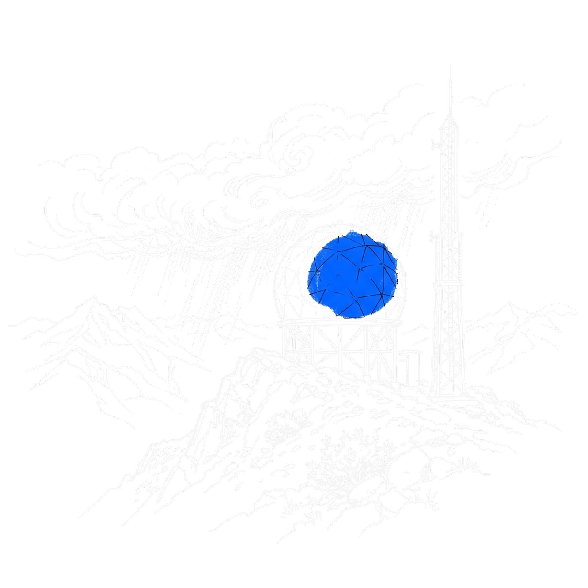 Illustration einer Wetterradar-Kuppel auf einem Alpengrat mit aufziehender Gewitterfront, kinewsletter.ch Stil