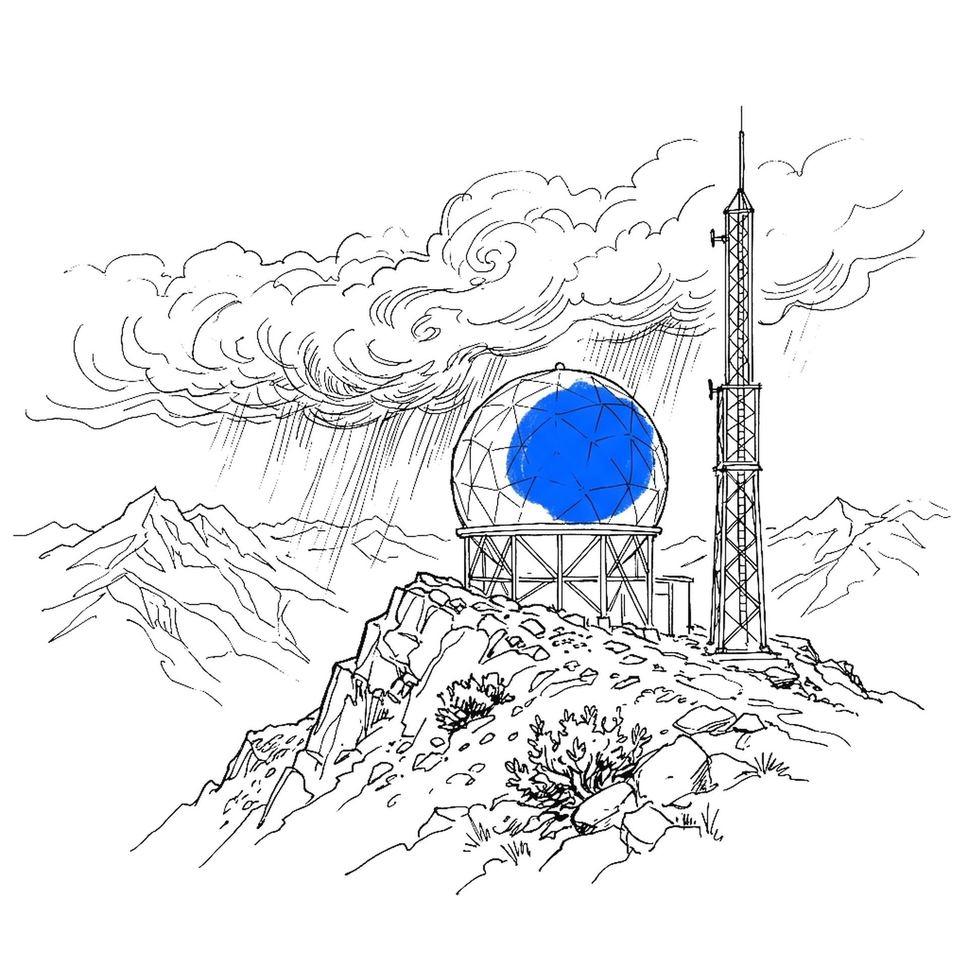Illustration einer Wetterradar-Kuppel auf einem Alpengrat mit aufziehender Gewitterfront, kinewsletter.ch Stil