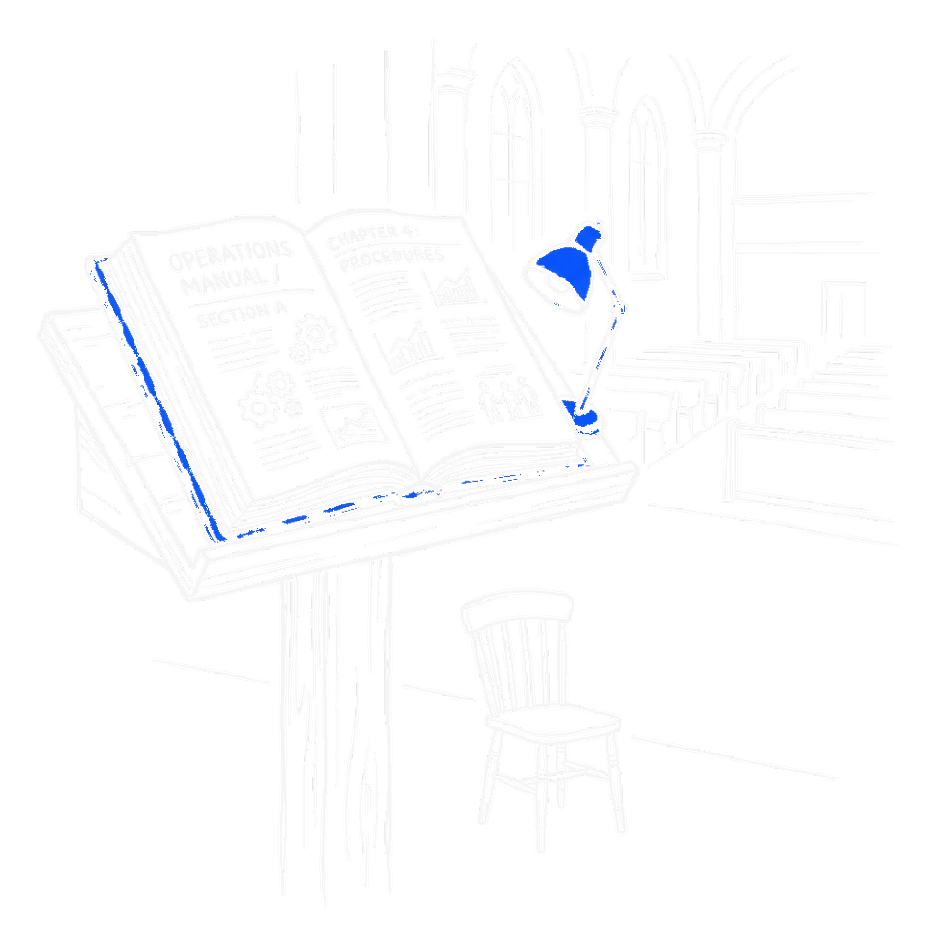 Illustration eines aufgeschlagenen Regelwerks auf einem Lesepult mit Leselampe, kinewsletter.ch Stil