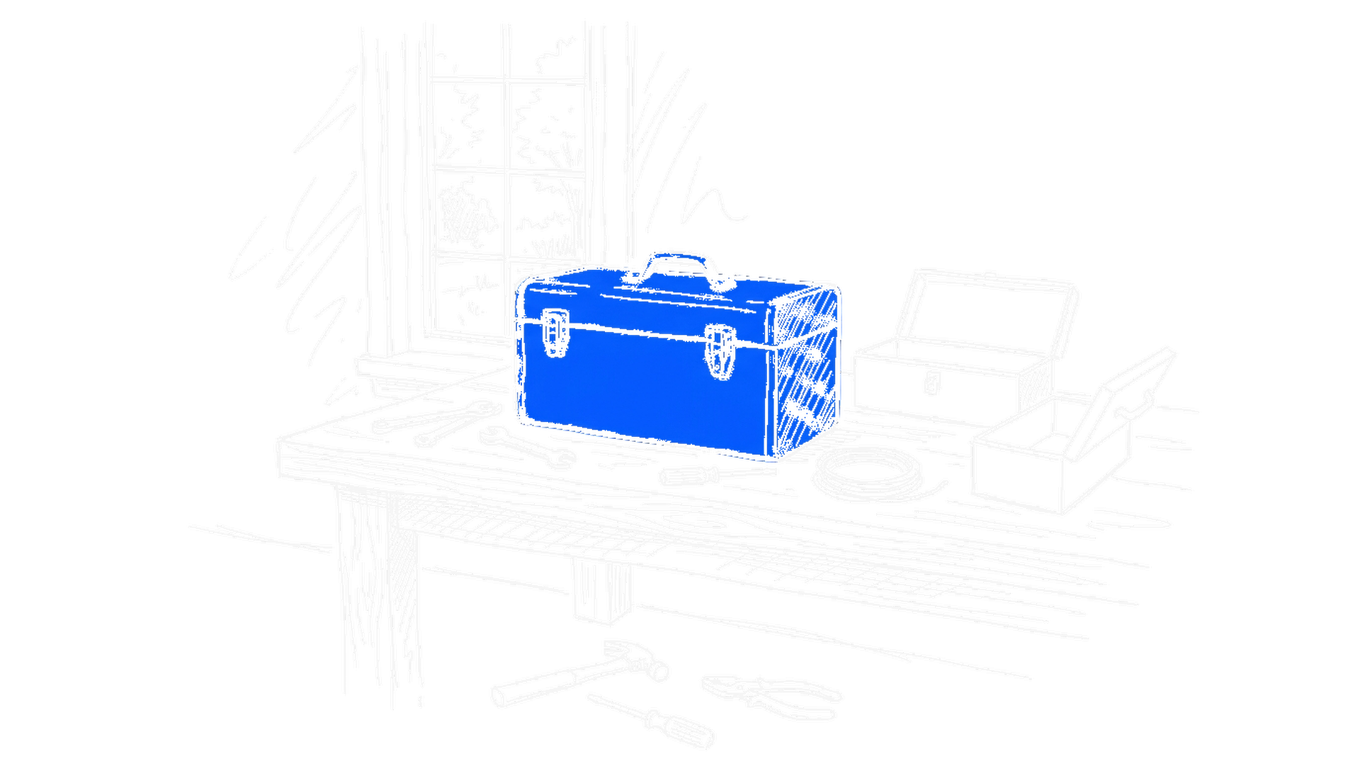 Illustration eines Werkzeugkastens auf einer Werkbank mit ausrangiertem Werkzeug, kinewsletter.ch Stil
