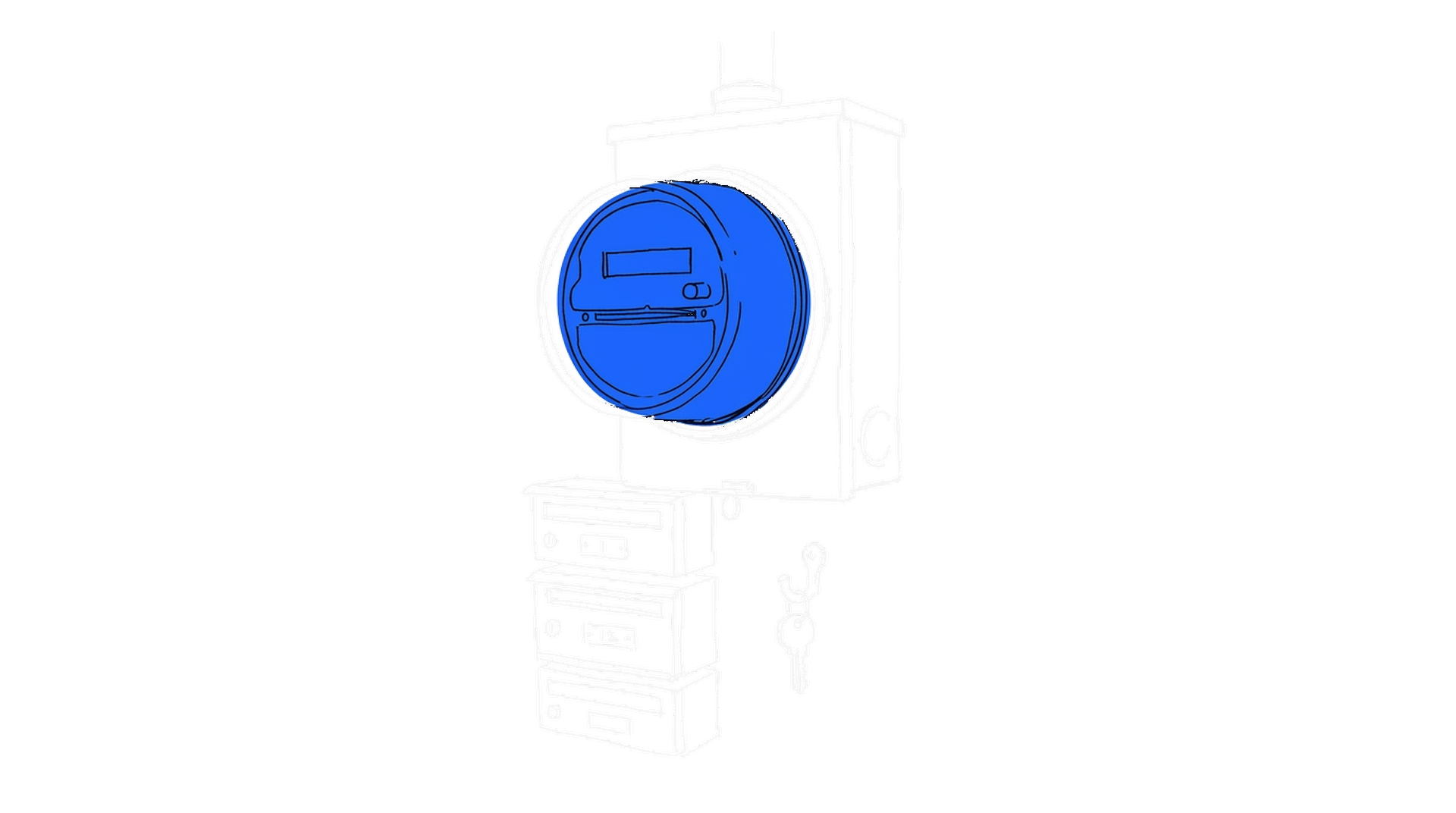 Illustration eines Stromzählers mit blauer Skala über drei Briefkästen, kinewsletter.ch Stil