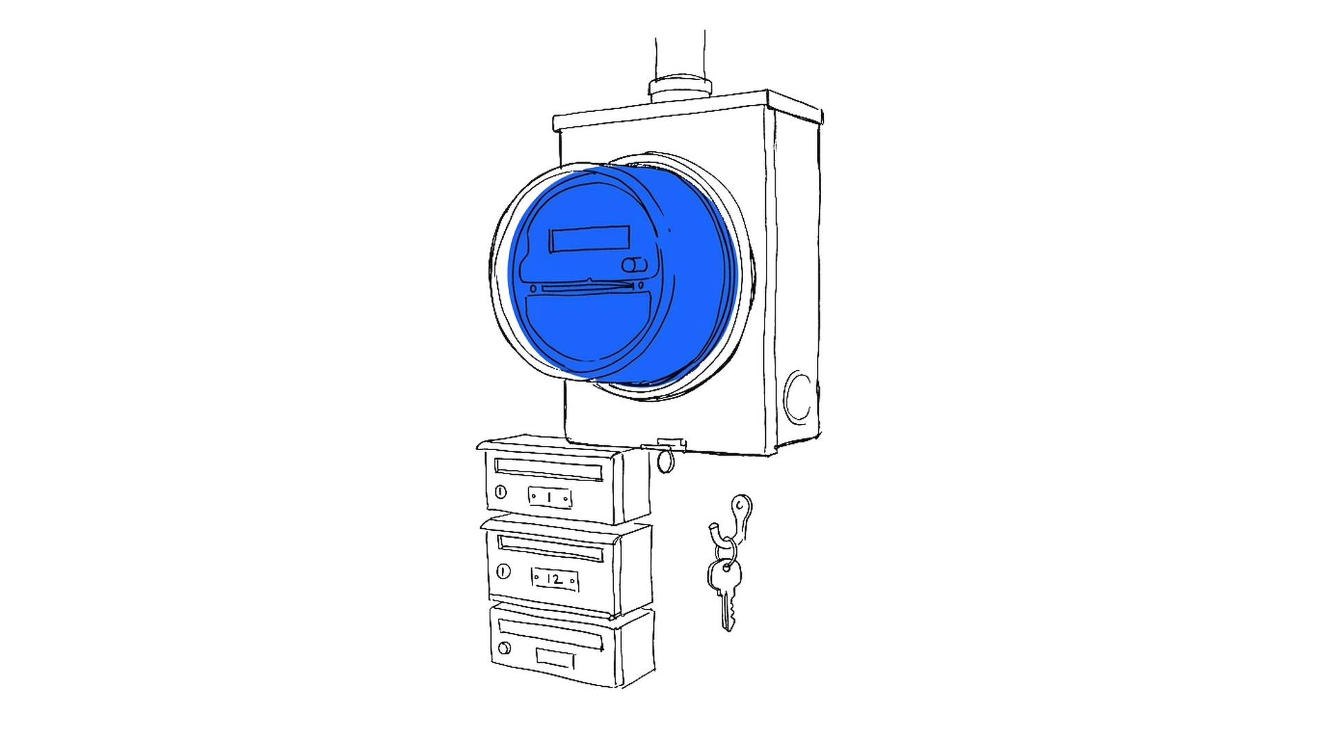 Illustration eines Stromzählers mit blauer Skala über drei Briefkästen, kinewsletter.ch Stil