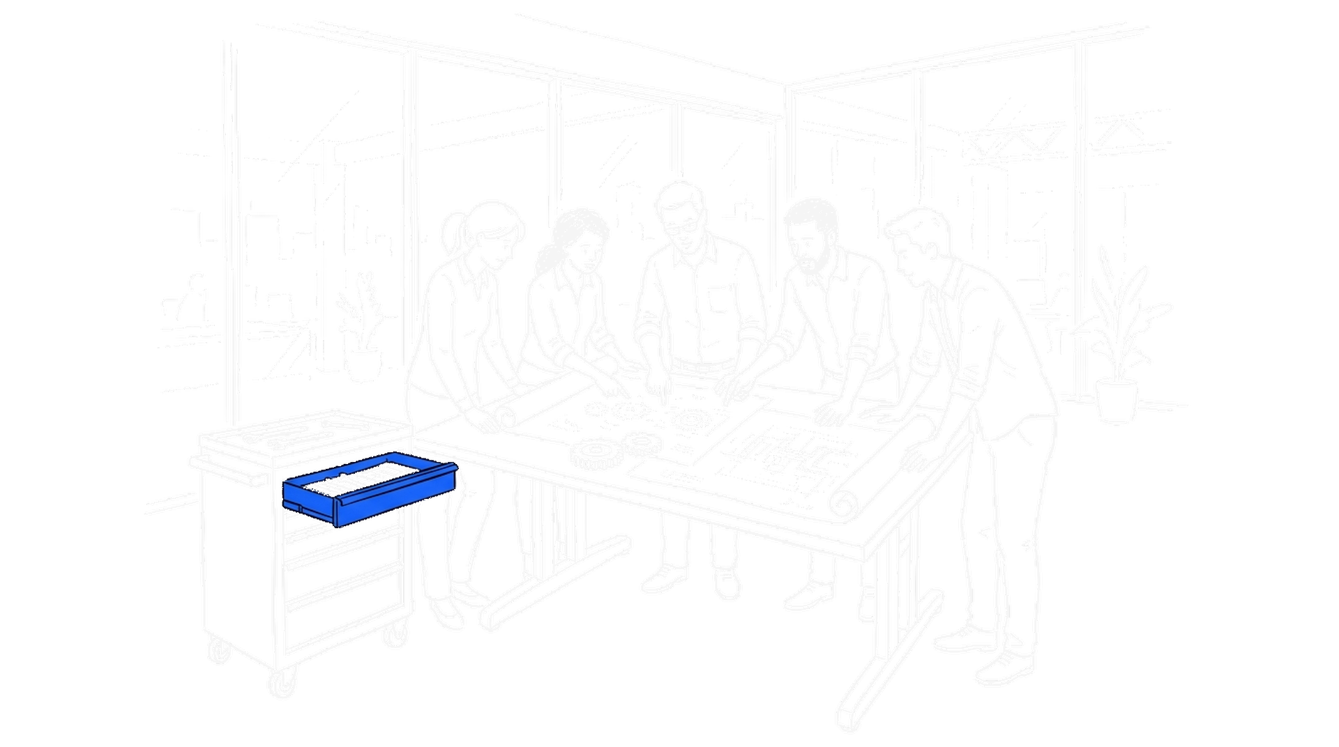 Illustration eines eingebetteten Ingenieur-Teams an einem Reissbrett in einem Grosskunden-Büro, kinewsletter.ch Stil