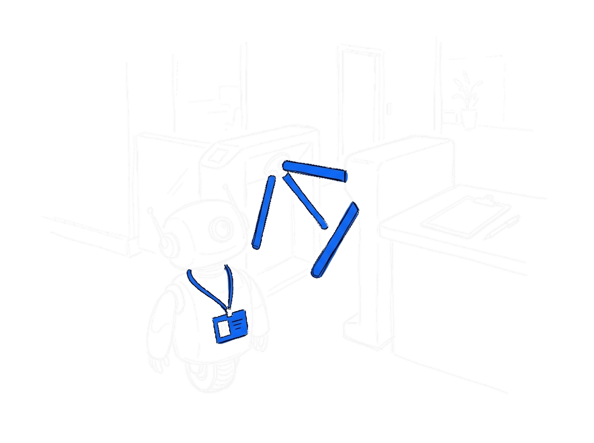 Handgezeichnete Skizze eines kleinen Roboters mit Mitarbeiterausweis vor einem Drehkreuz im Büro; Ausweis und Drehkreuz leuchten in Blau