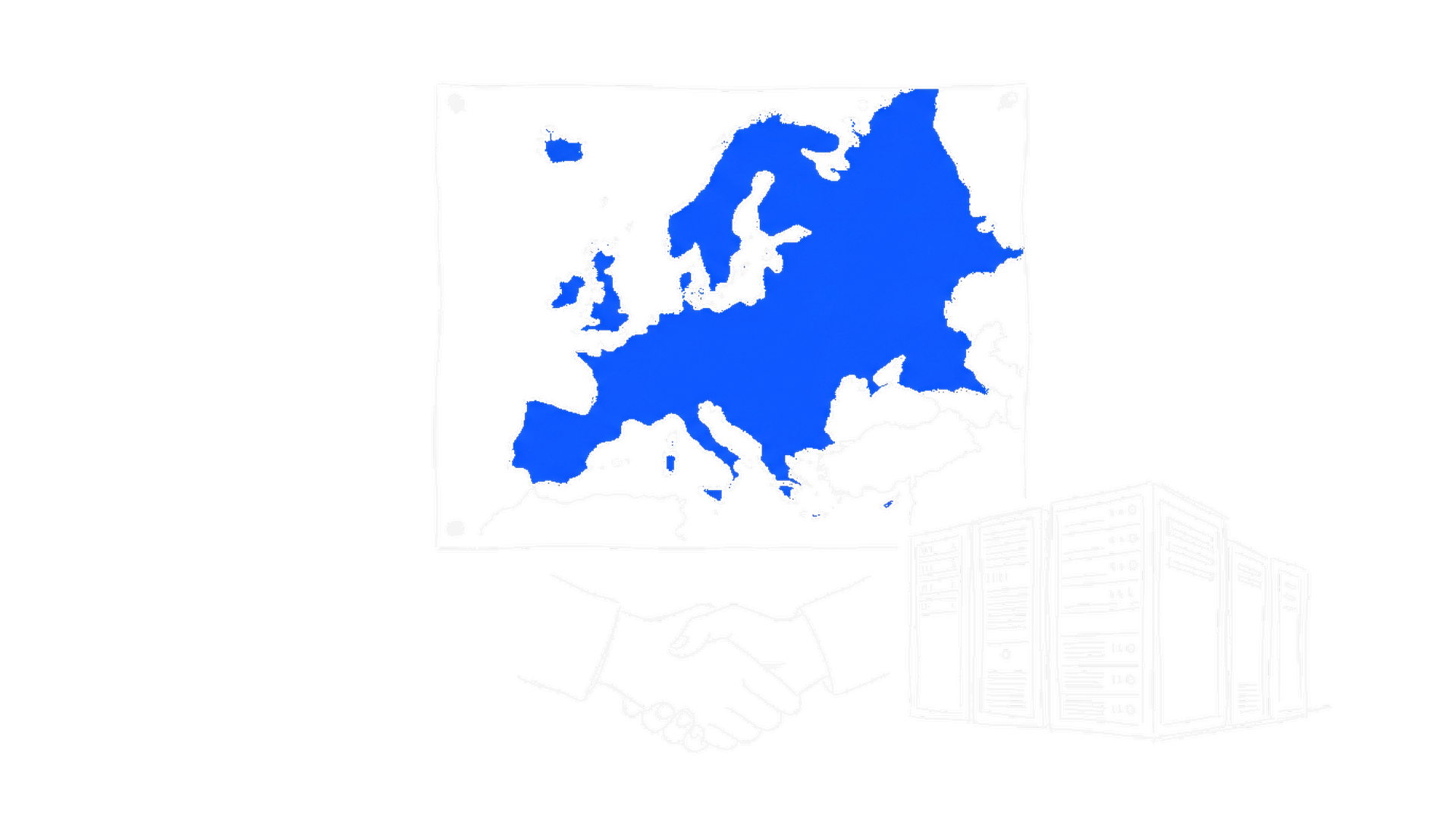 Illustration einer blauen Europakarte mit Handschlag und Serverschraenken, kinewsletter.ch Stil