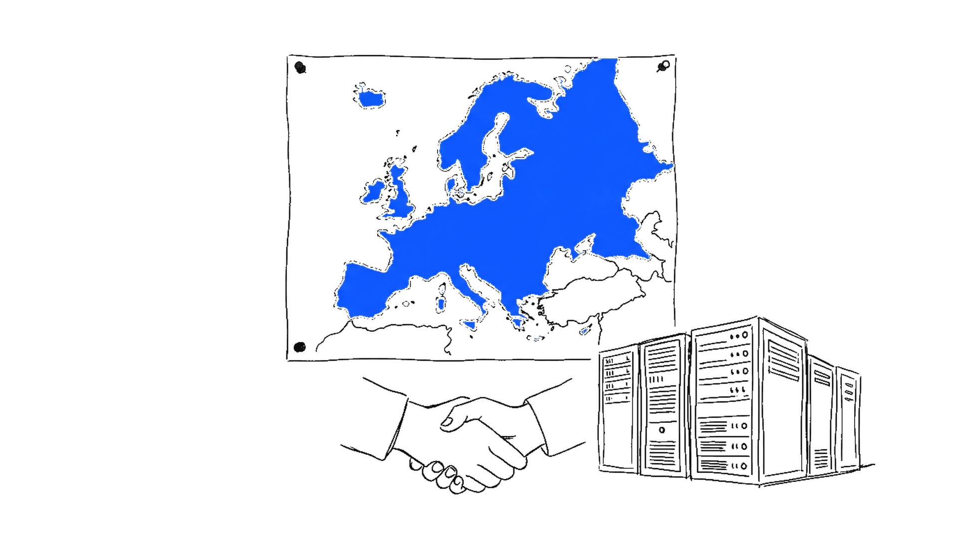 Illustration einer blauen Europakarte mit Handschlag und Serverschraenken, kinewsletter.ch Stil