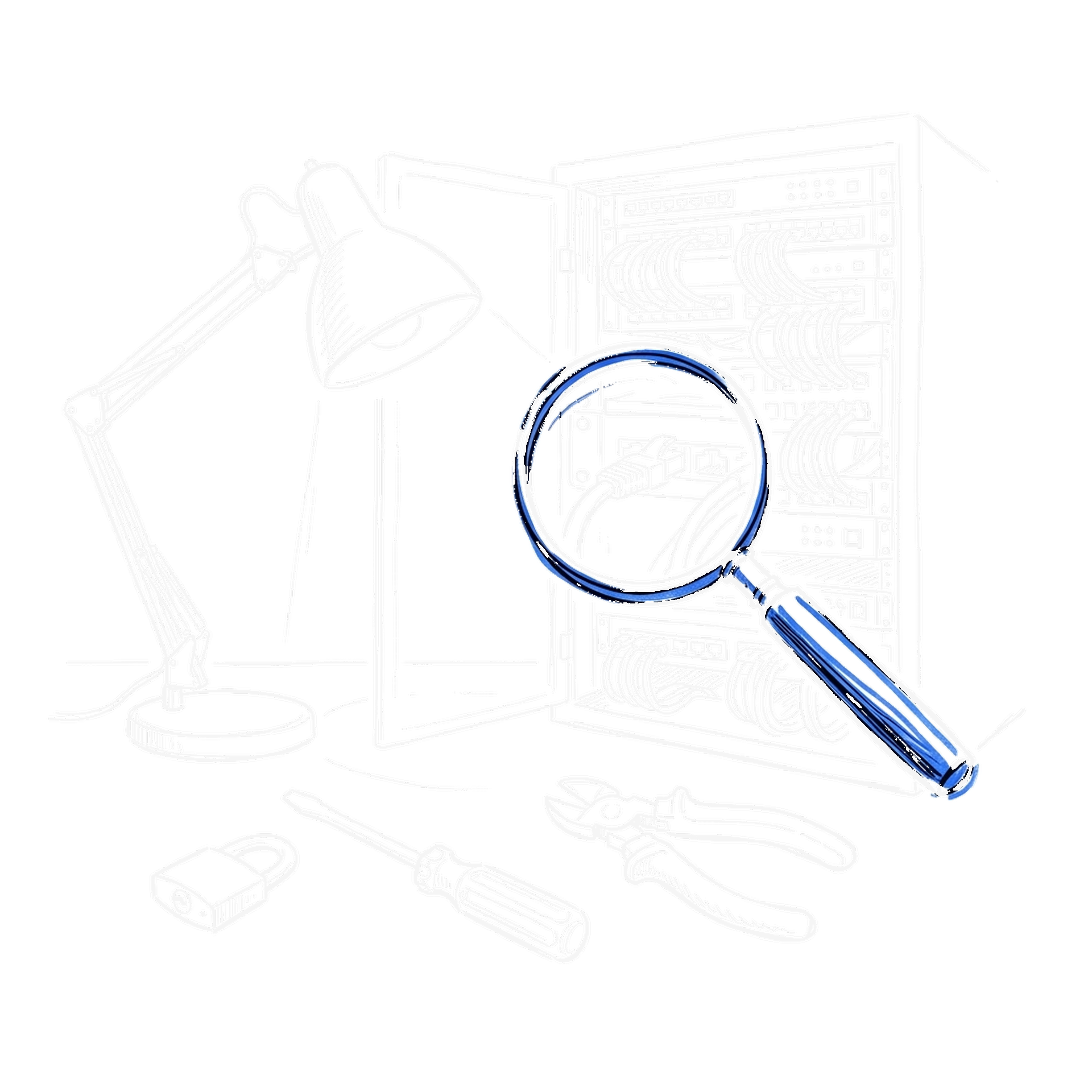 Handgezeichnete Illustration: Lupe untersucht ein offenes Serverrack (Project Perception), kinewsletter.ch Stil