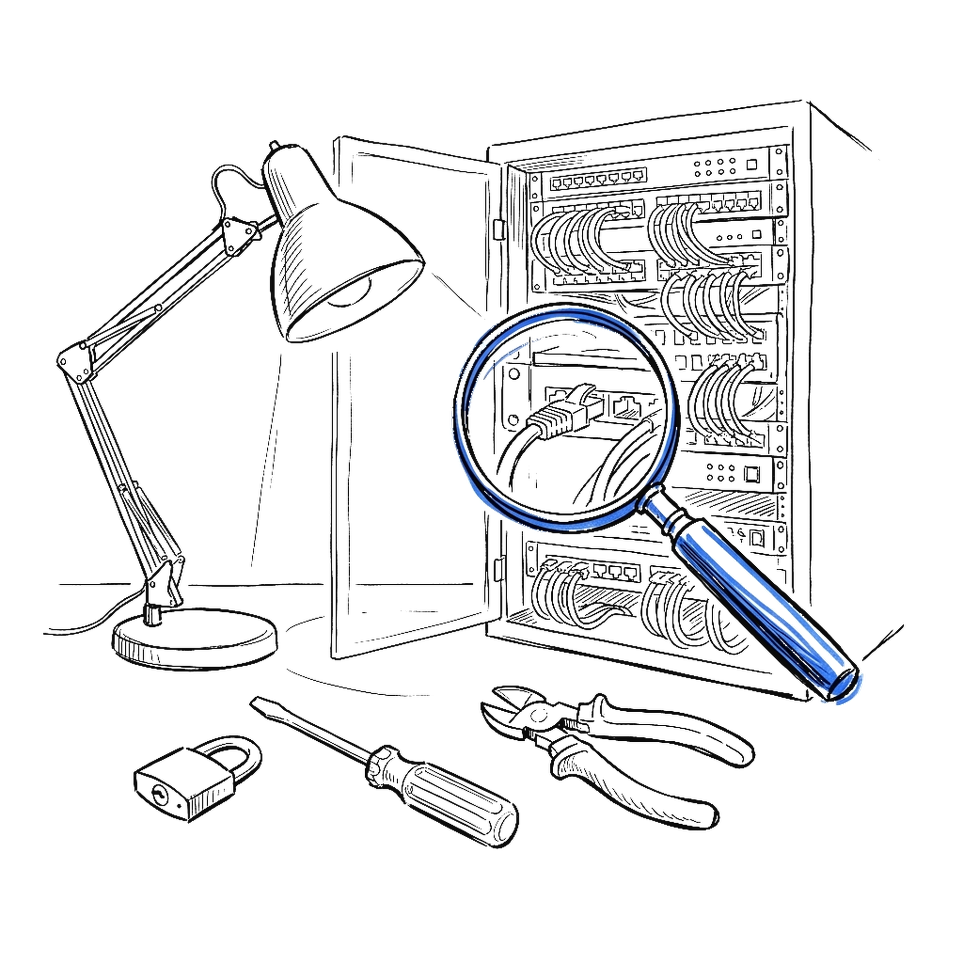 Handgezeichnete Illustration: Lupe untersucht ein offenes Serverrack (Project Perception), kinewsletter.ch Stil