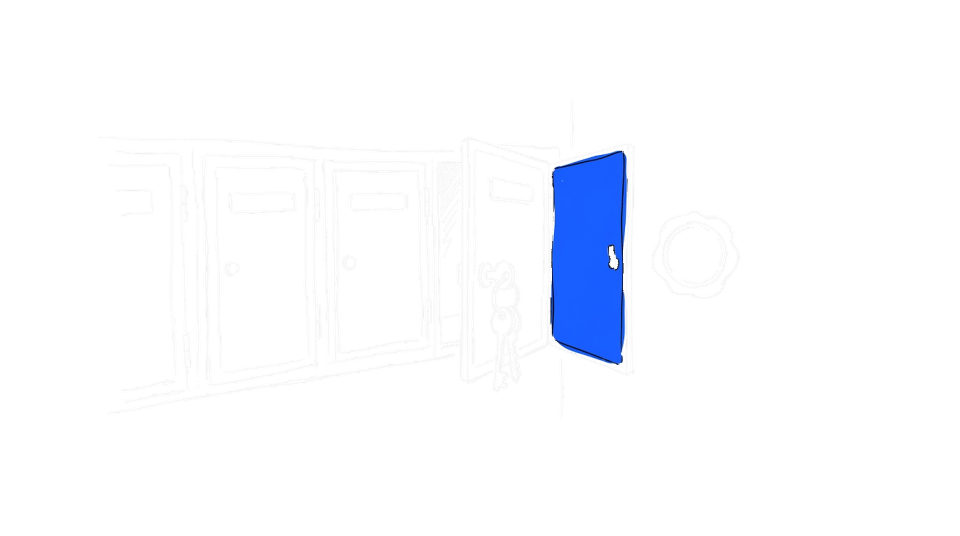 Illustration einer Briefkastenreihe mit einer offenen Tür und Schlüsselbund im Schloss, kinewsletter.ch Stil