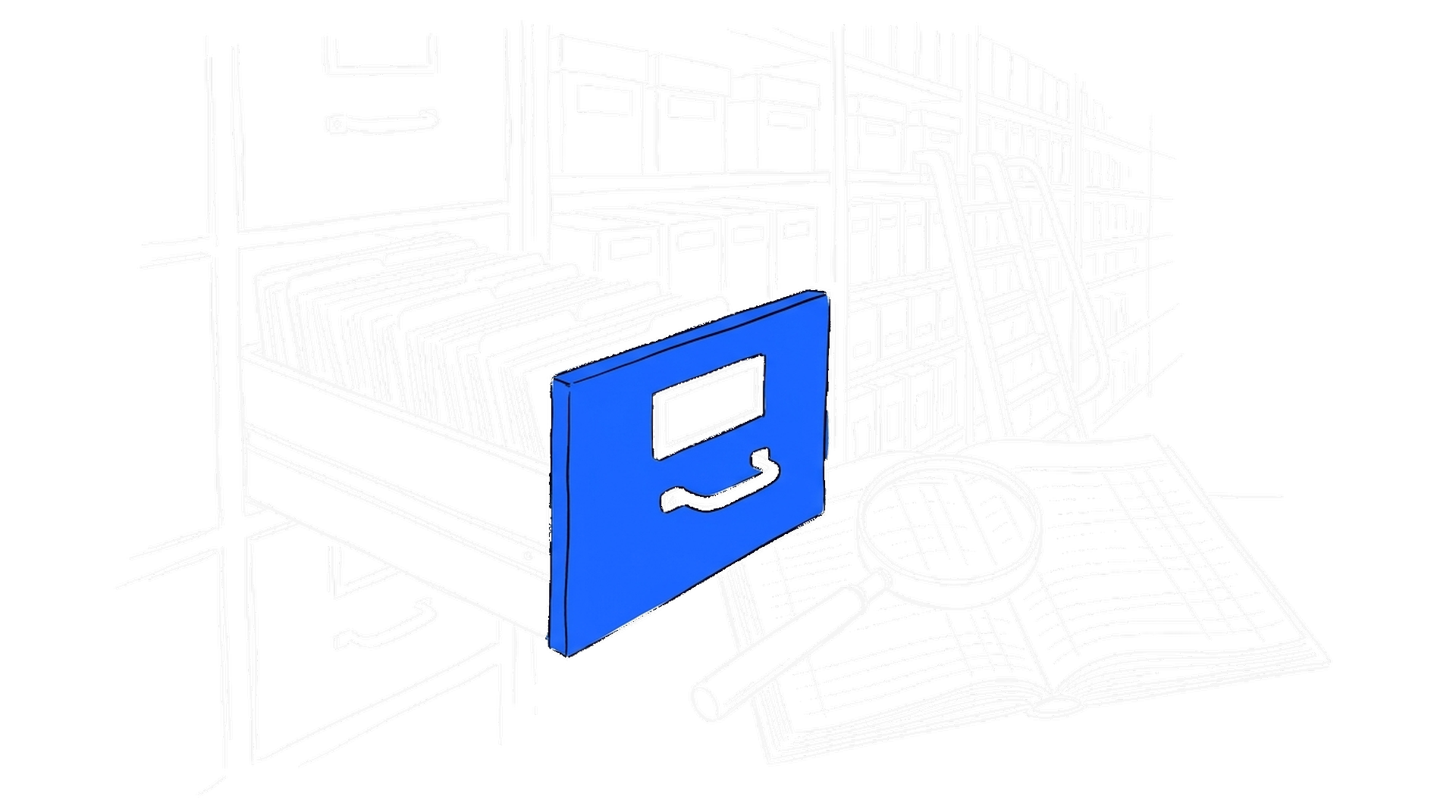 Illustration von offener Karteikasten-Schublade, Lupe auf aufgeschlagenem Tabellenbuch und Archivregal mit Leiter, kinewsletter.ch Stil (Dark Mode)