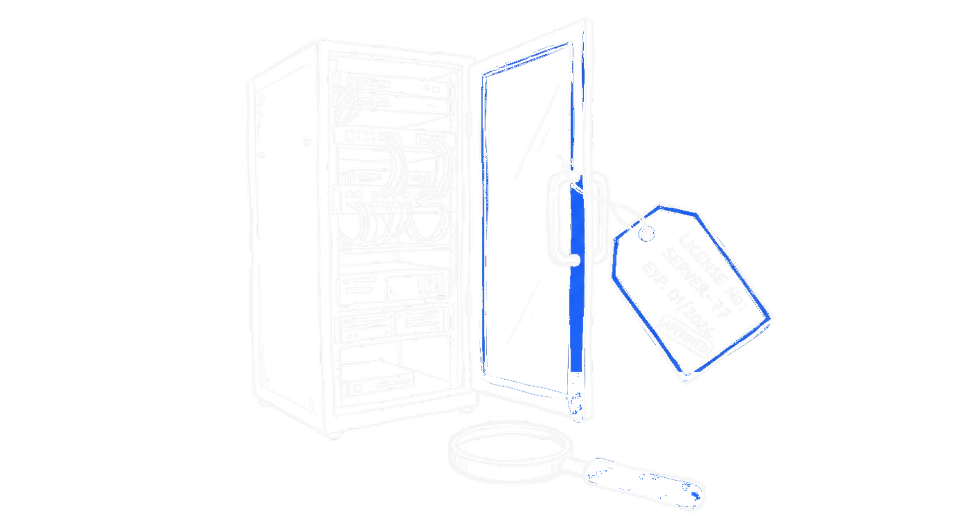 Handgezeichnete Tusche-Skizze eines Server-Schranks mit weit offener Tür, an der Klinke hängt ein Papieranhänger mit Lizenztext in Blau, davor eine Lupe