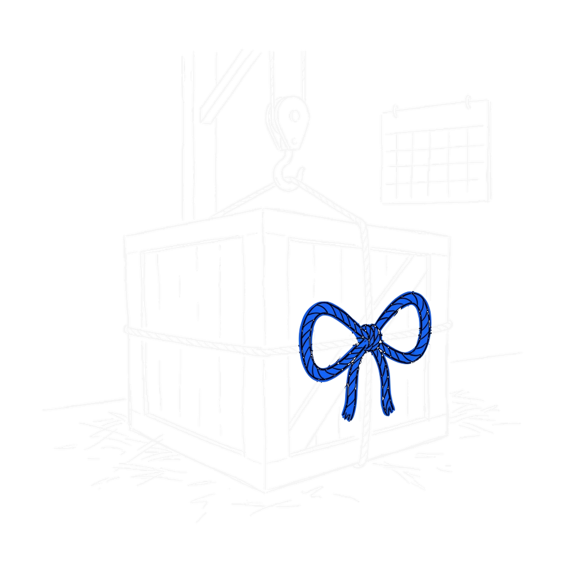 Handgezeichnete Skizze einer grossen Holzkiste mit blauer Seilschleife, die an einem Flaschenzug in einer Lagerhalle hängt, daneben Wandkalender und Stroh