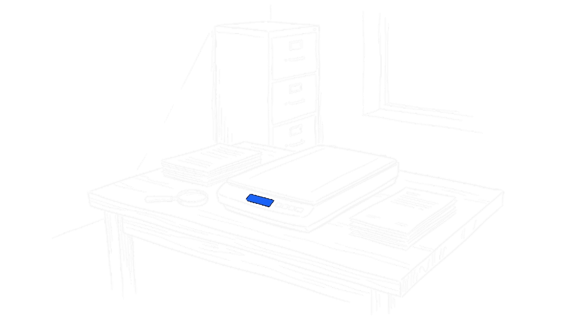 Skizze Schreibtisch mit Scanner und Dokumenten, kinewsletter.ch Stil