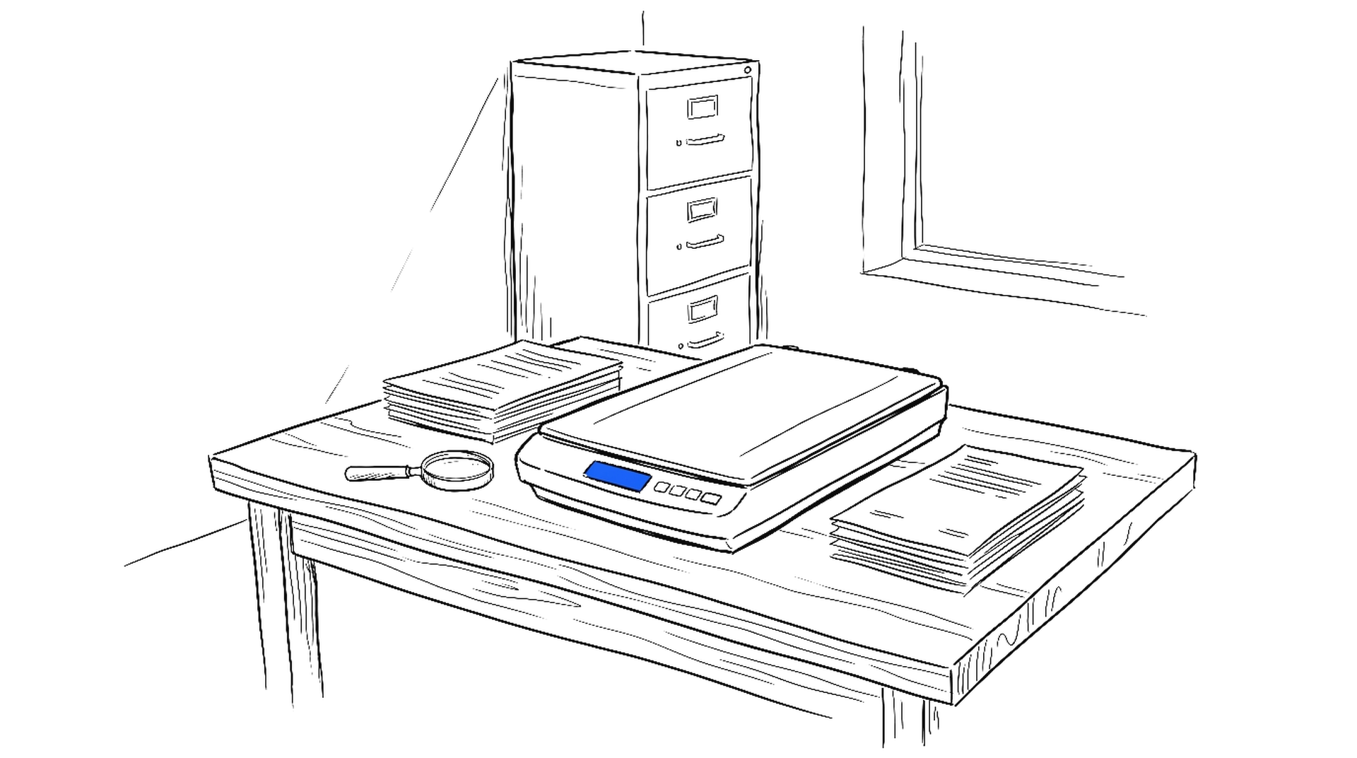 Handgezeichnete Skizze eines Schreibtischs mit Dokumentenstapeln und Flachbettscanner, kinewsletter.ch Stil